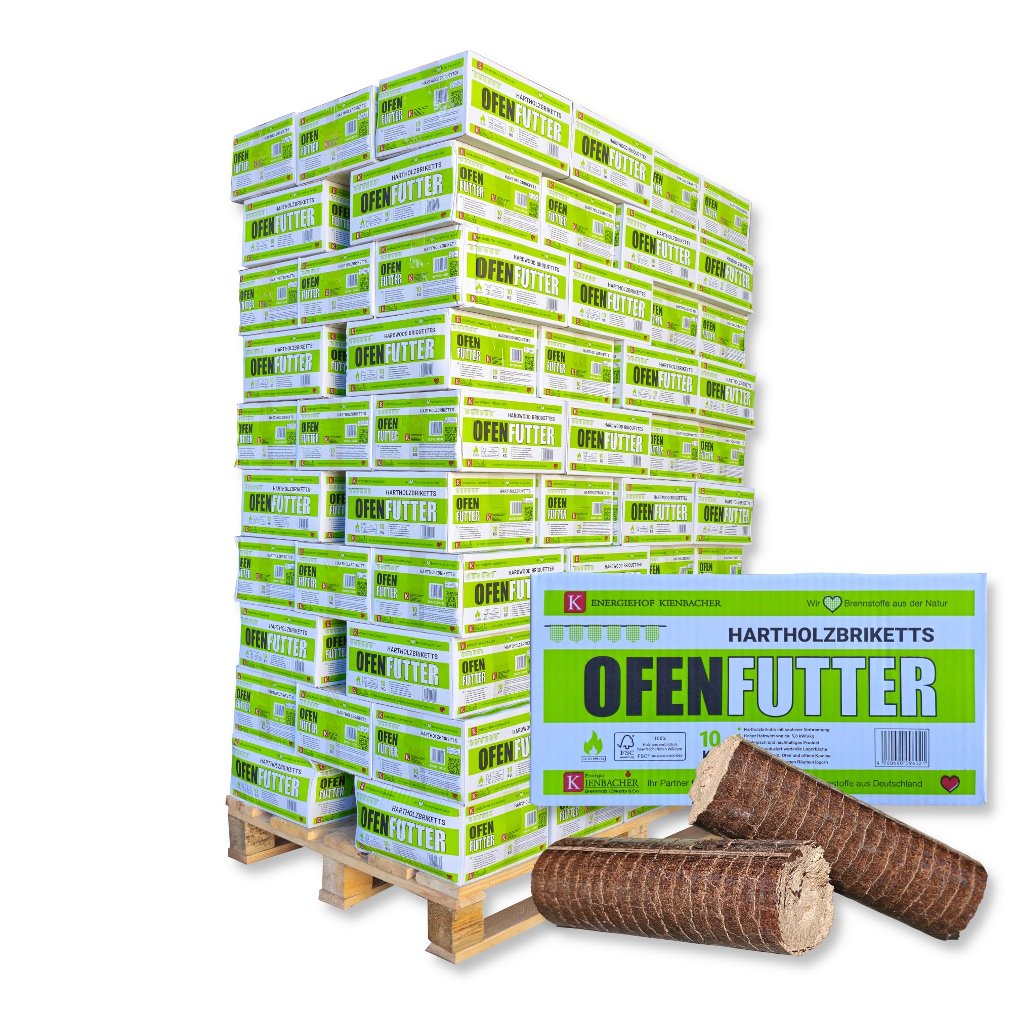 1000kg Nestro Hartholzbriketts im 10kg Karton FSC Gluthalter Kamin Ofen Brenn Holzbriketts Heiz Grill Smoker Kohle | 1 Palette | Energie Kienbacher