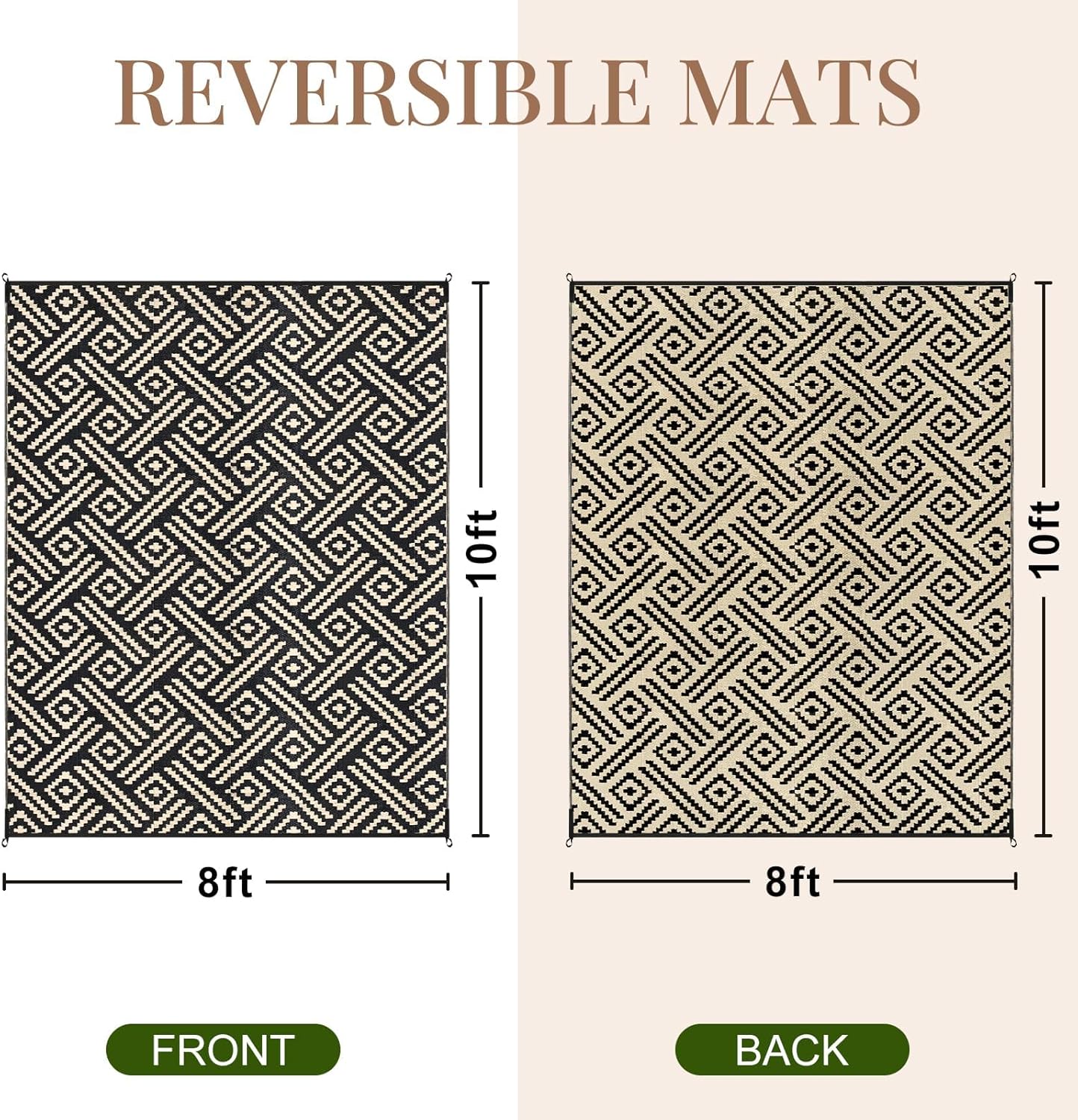 OPPODREAM Outdoor Rug 8x10 Patio Waterproof, Large Outdoor Plastic Straw Rug, Reversible Out Door Carpet Camping Essentials, Deck, Rv, 8 x 10 Area Carpet for Balcony, Porch, Backyard, Black & Beige