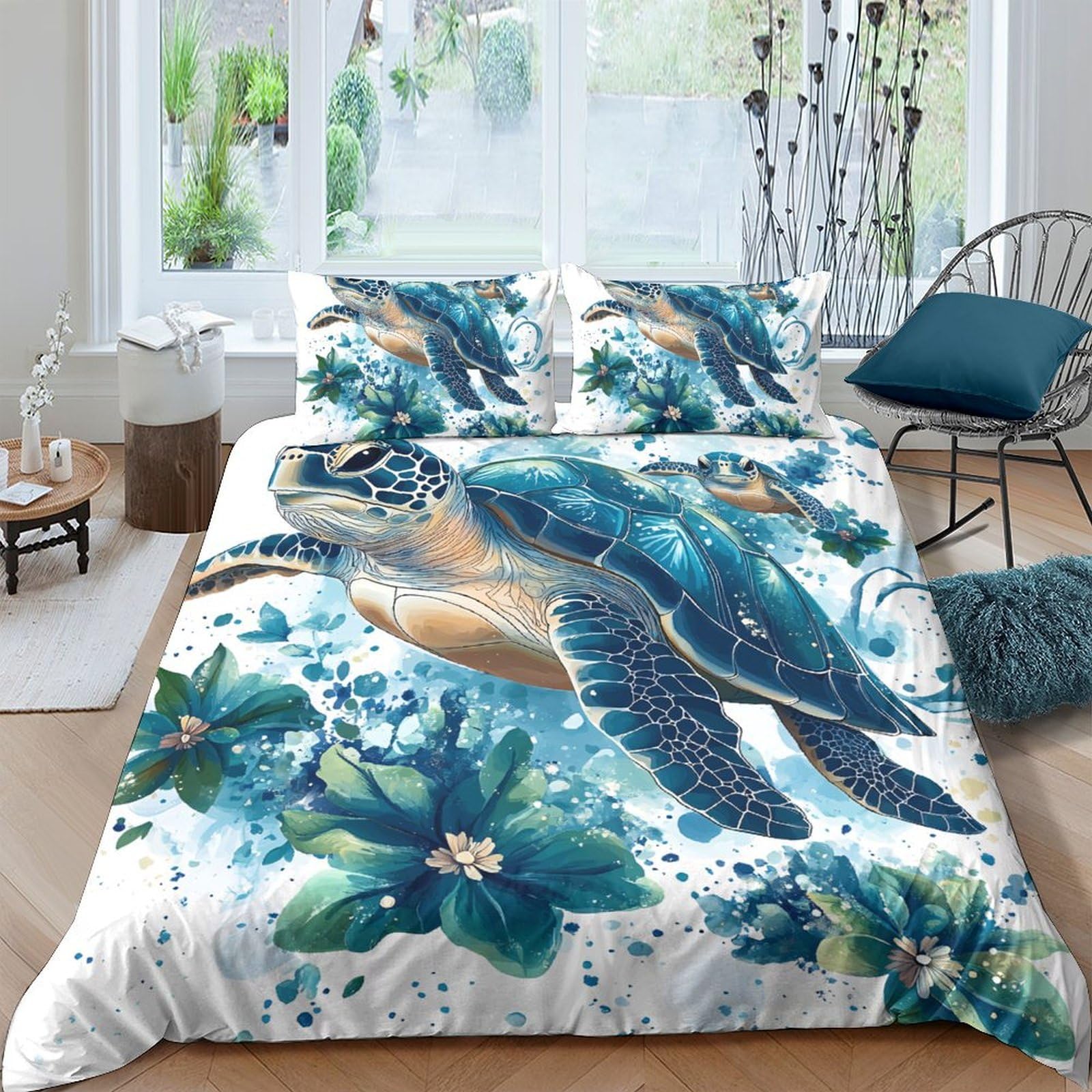 GPLZQXKJNH 3D Printed Sea Turtle Duvet Cover Microfiber Soft Ocean Flowers Bedding Set with 2 Pillowcases for Bedroom Decor Single（135x200cm）