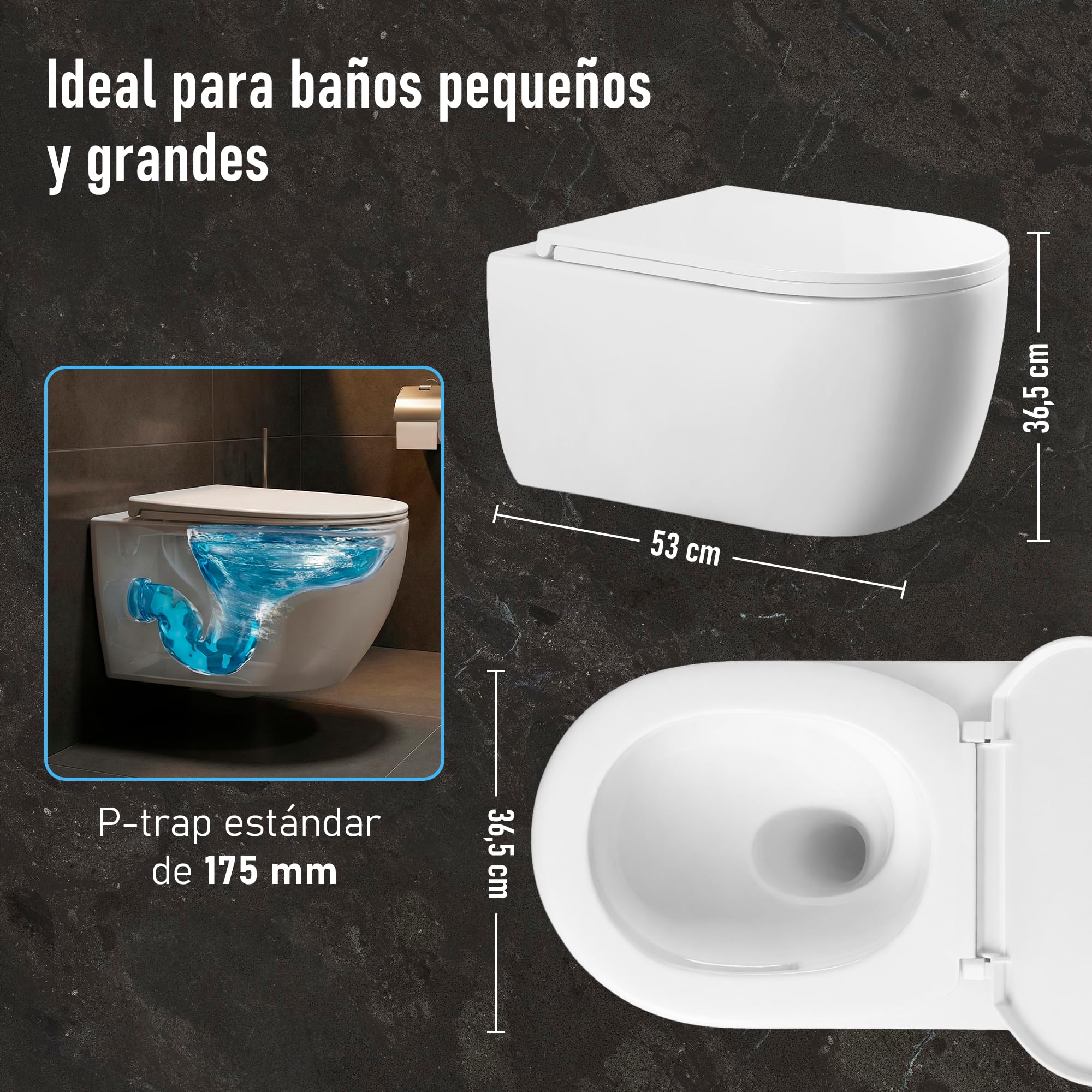 WC Inodoro de Cerámica Suspendido | 530x365x365 mm | Váter con Sistema Rimless Antibacterias, Tapa Dura Extrafina UF Amortiguada y Ahorro de Agua (Blanco)
