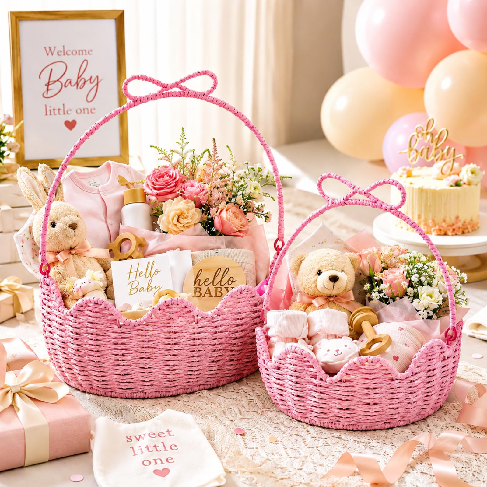 FoldTier 2 Stück rosa Oster-Geschenkkorb leer mit Griff, gewebtes Papierseil, Osterkorb zum Verschenken, Aufbewahren, Versammeln, Futtersuche, Gartentrug, Dekoration, groß und mittelgroß, 30,5 x 25,4