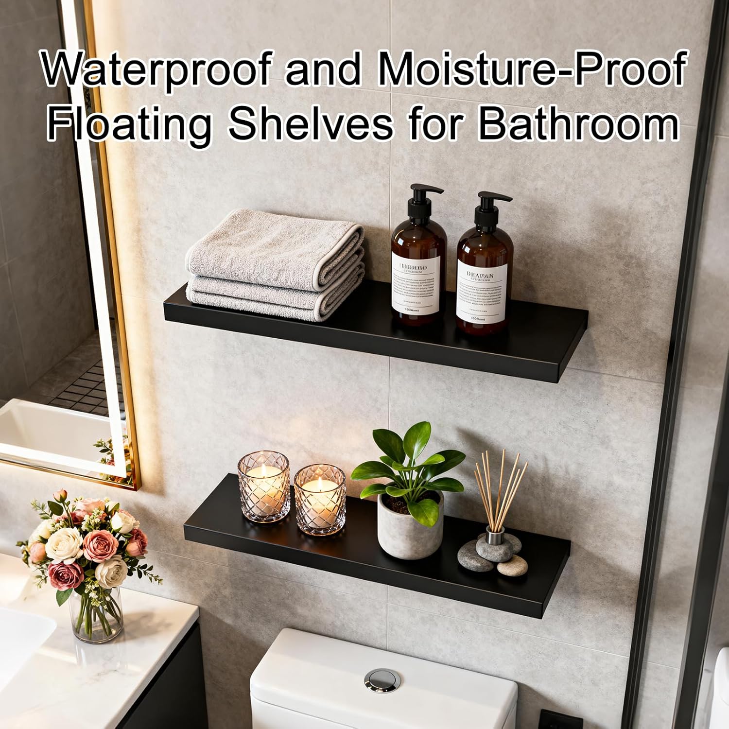 JAMBALAY Floating Shelves for Wall, 16" Wall Mounted Rustic Wood Shelves for Bathroom, Living Room, Bedroom, Kitchen. Hanging Shelf for Books/Storage/Decor (Black, Set of 3)