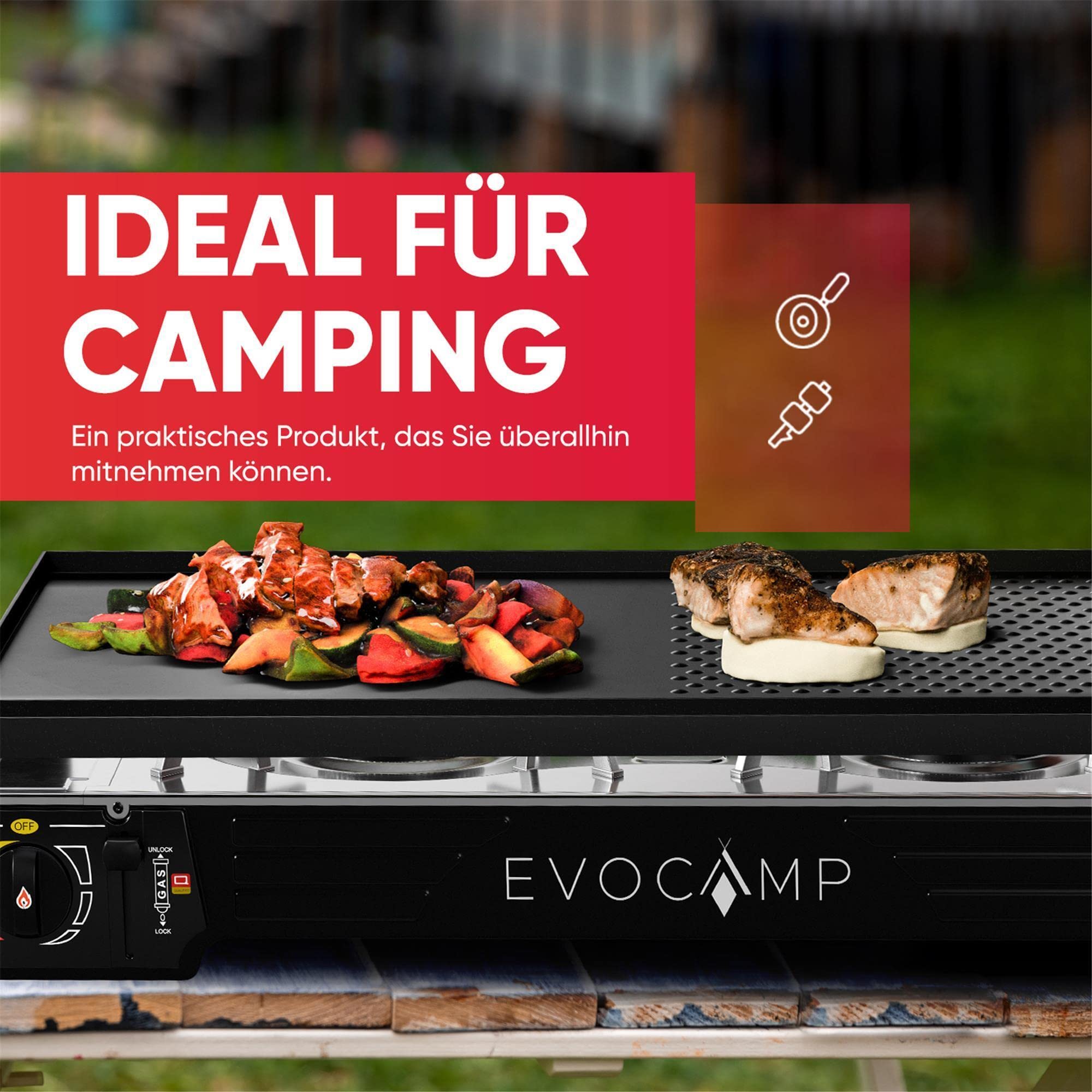 Grillplatte Aufsatz für Gaskocher eckig 45x24 cm, antihaftbeschichtete Grillpfanne für Campingkocher, Grillmatte BBQ, Camping und Gasgrill, Campingkocher Zubehör, Grillschale, Plancha Schwarz