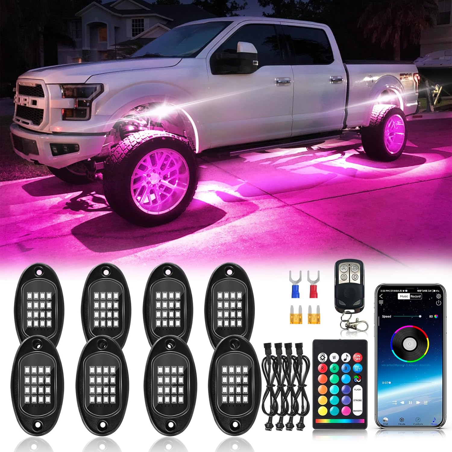 8Pods Segmented RGB LED Rock Lights Kit with APP/RF Remote Control, Upgraded Multicolor Underglow Neon Brake Light Music Mode Waterproof 12V Fender Lights for Trucks Pickup Jeep Golf Cart ATV UTV