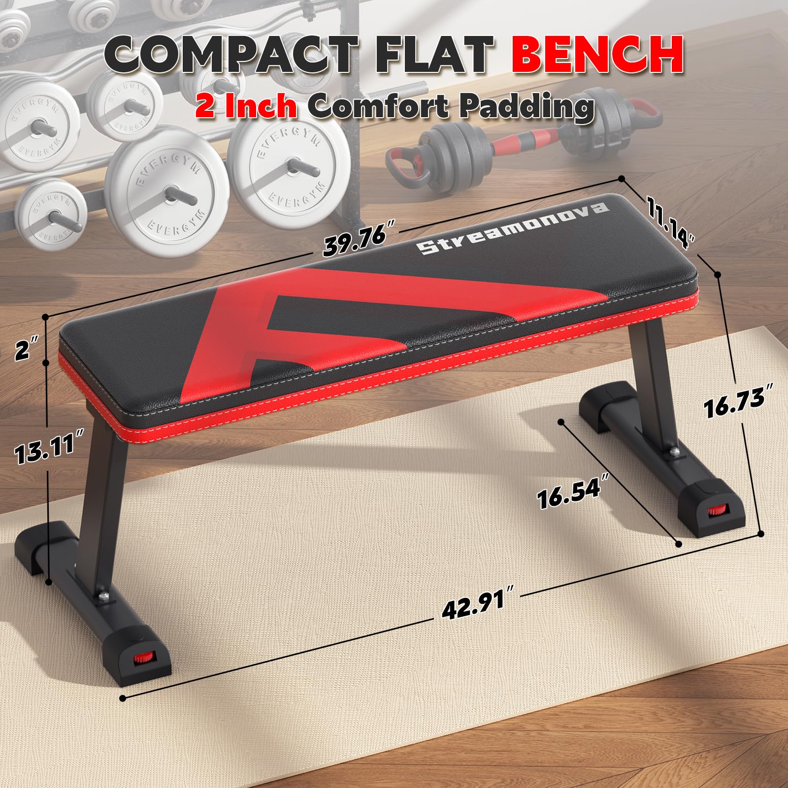 Flat Bench, 700LBS Capacity Widened Adjustable Footrests Foldable Flat Bench For Exercise Workout, Easy Assembly For Strength Training At Home Gym