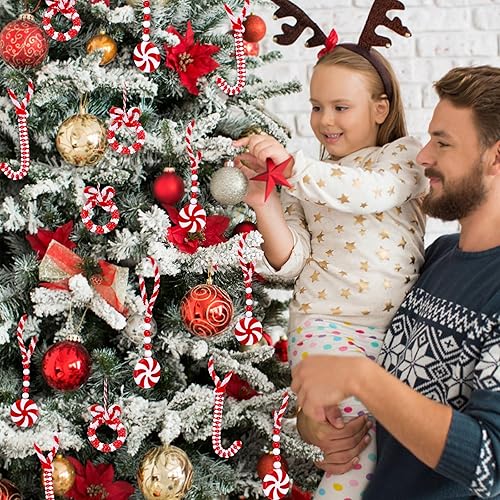 Miniatura 5 de Adornos navideños para adultos y niños, 24 juegos de adornos navideños rojos y blancos, kit de adornos de menta con cuentas y bastón de caramelo