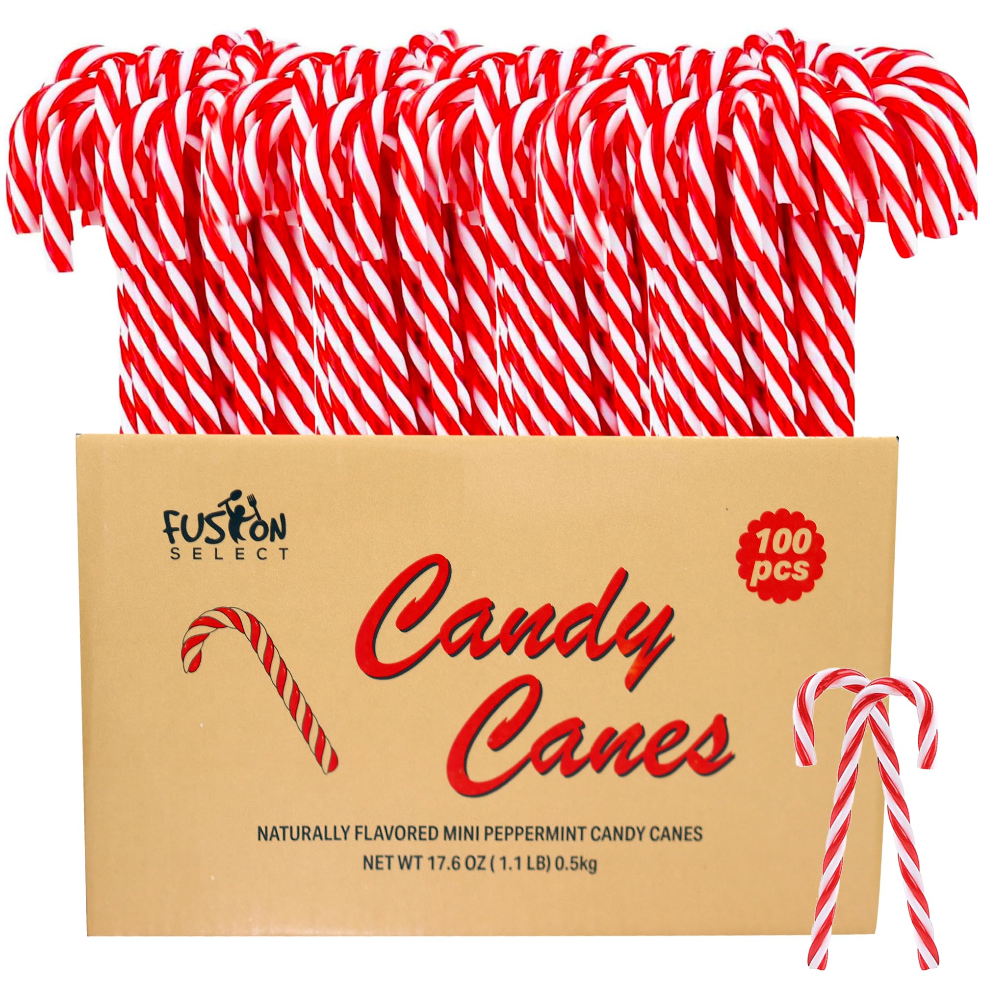 Fusion Select 100 Pcs Mini Candy Canes - Striped Christmas Candies, Sweet Goodies for the Holidays - Naturally Flavored Mini Peppermint Confections for Yuletide Parties, Stocking Stuffers, Gifts