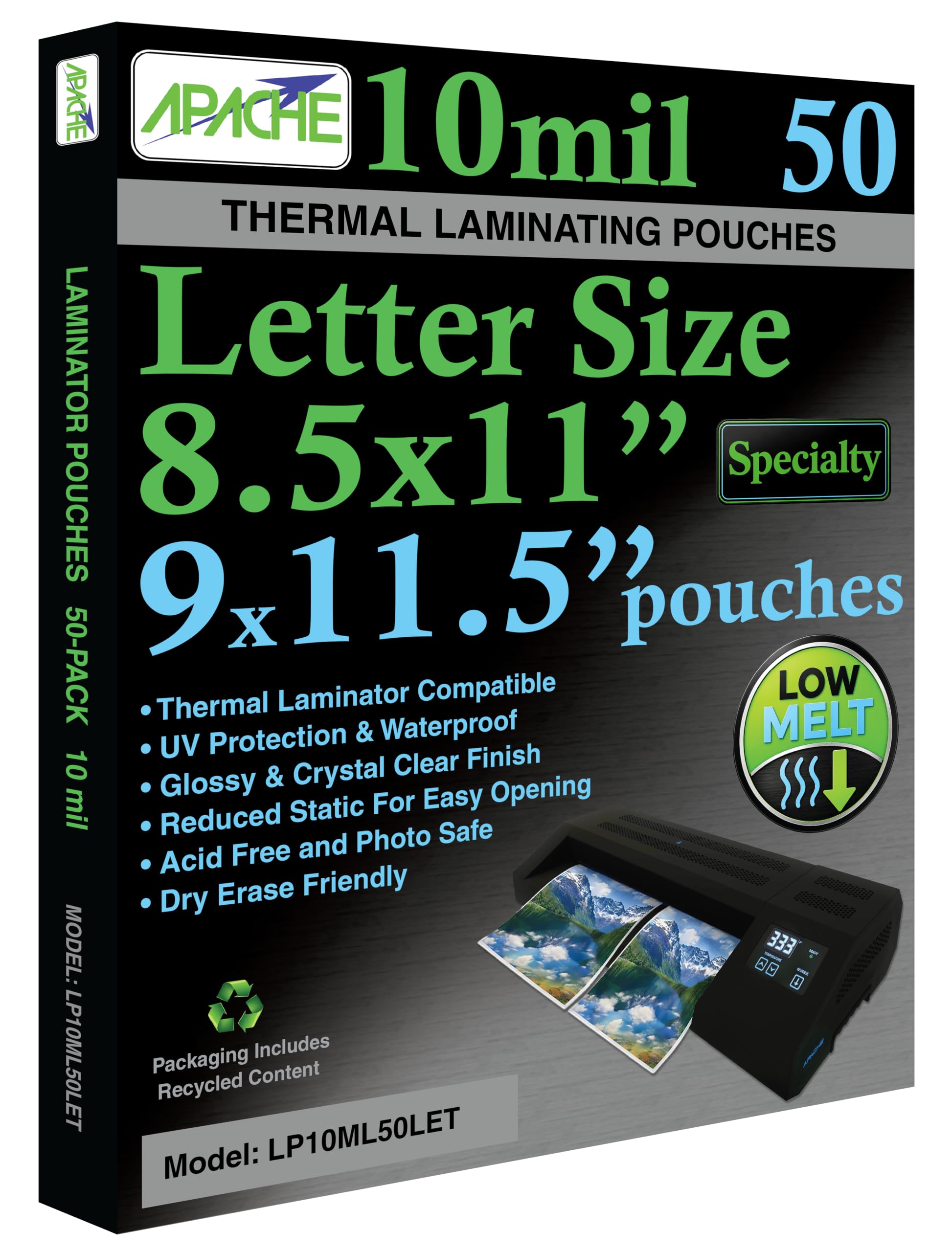 Apache Letter Size Low Melt Laminating Pouches, 10 Mil, 50 Pack, 9 x 11.5"