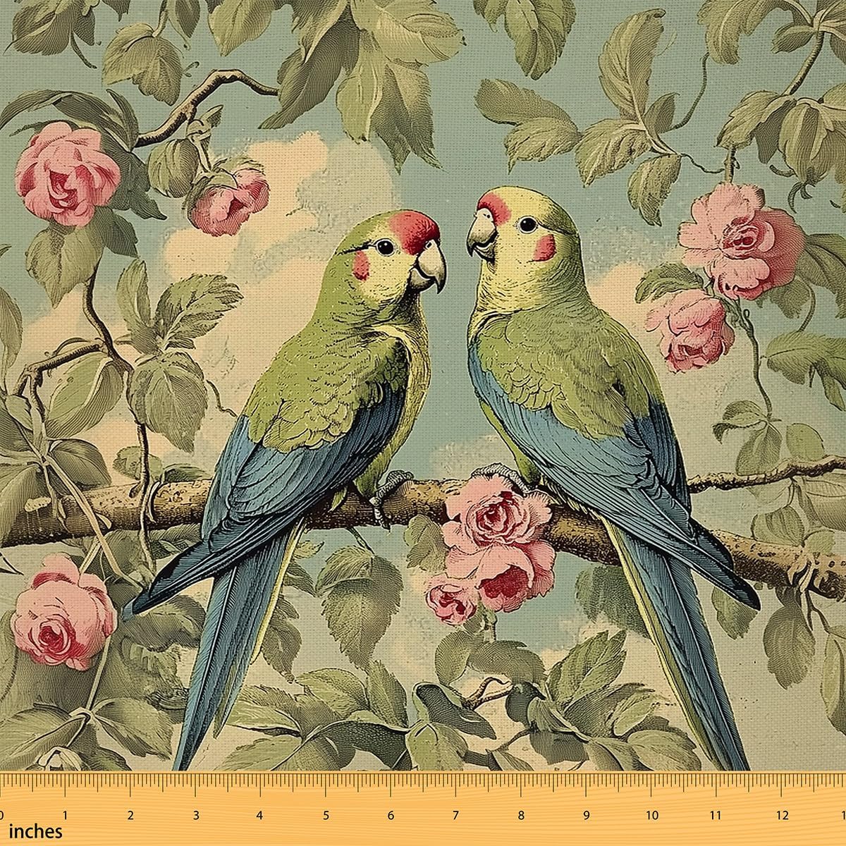 Erosebridal Cute Parrot Fabric by The Yard,Cartoon Wildlife Bird Upholstery Fabric for Kids,Watercolor Style Floral Flowers Branch Clouds Pattern for Quilting Sewing,3 Yards,Pale Pink Green Blue