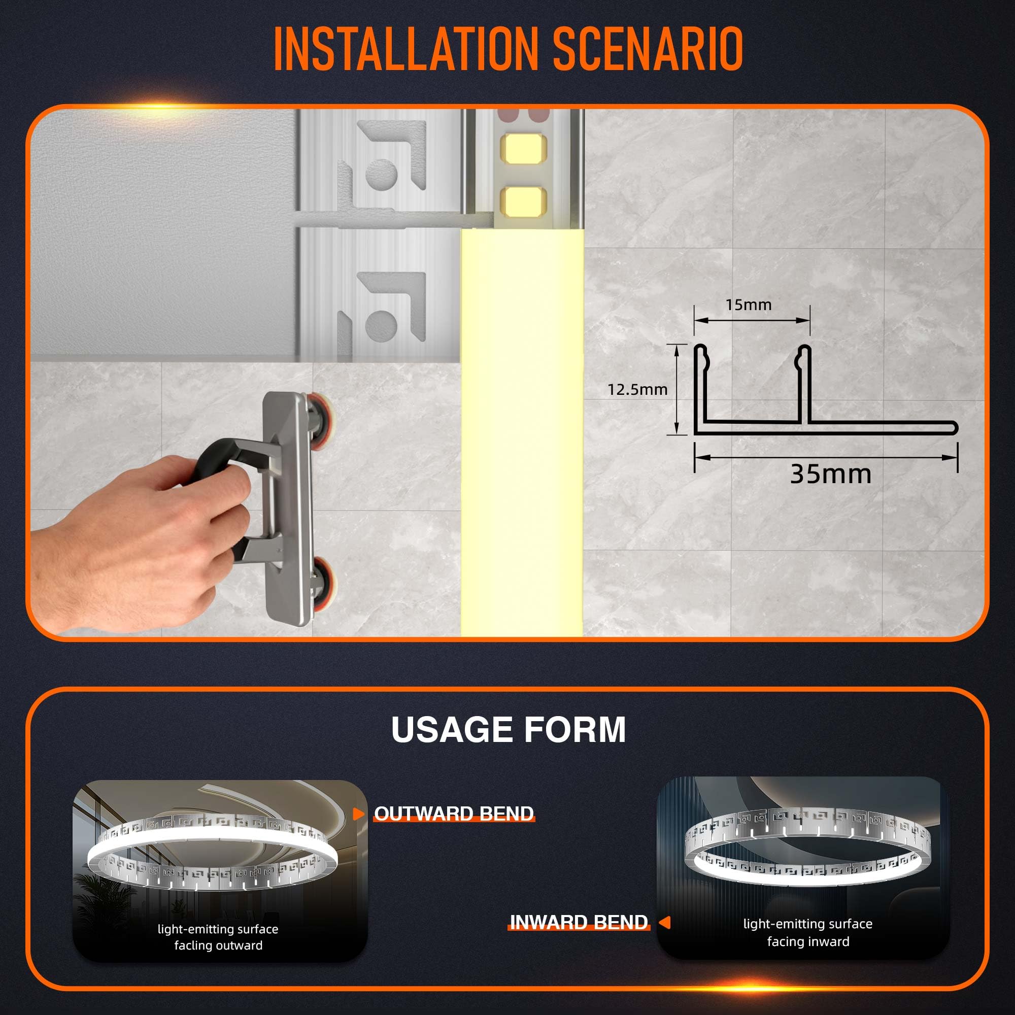 Profil do płytek LED, profil do płyt gipsowo-kartonowych, aluminiowy, elastyczny, 2 m x 10, do pasków do 15 mm, podtynkowy dyfuzor LED, profil szynowy z silikonową osłoną do płytek, płyt