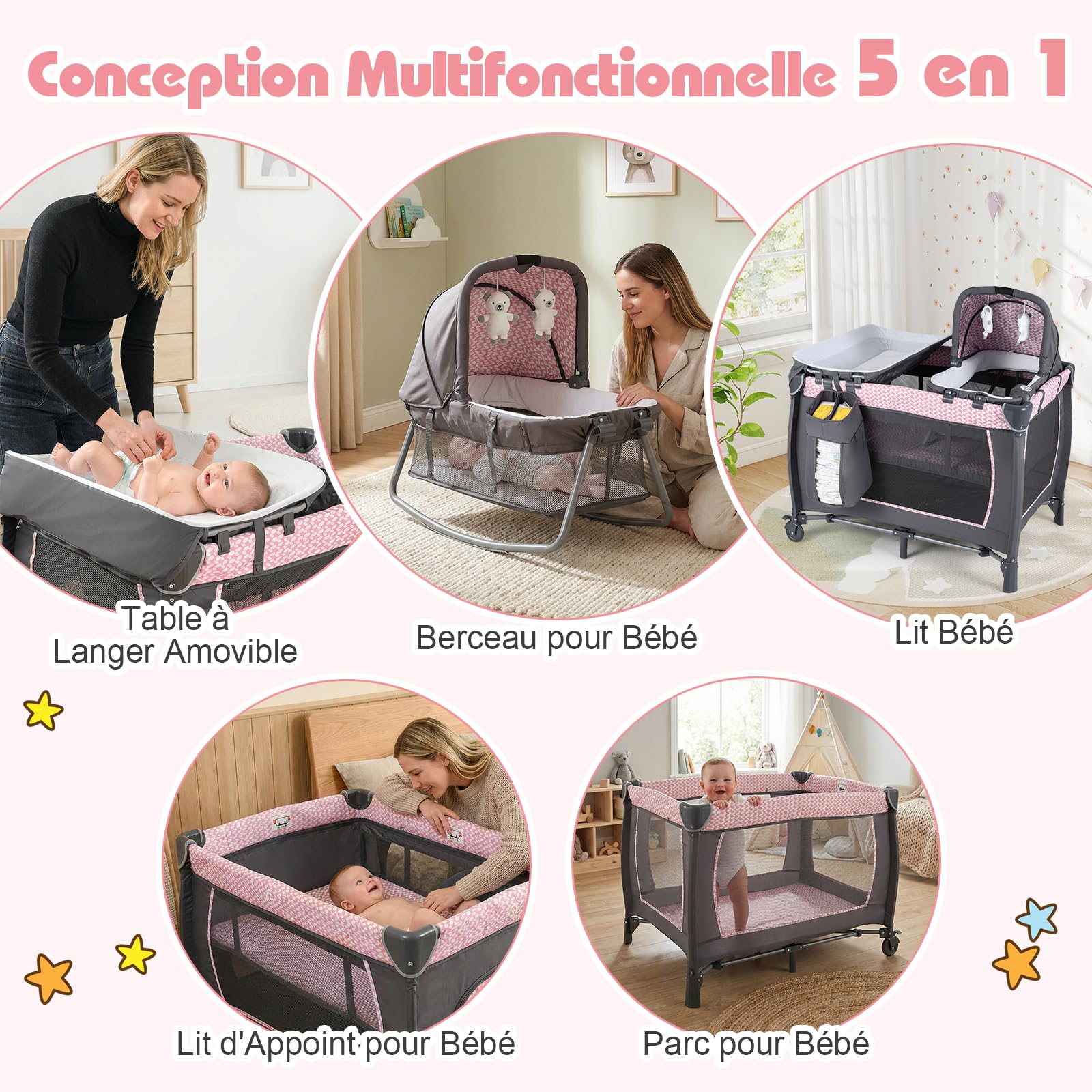 COSTWAY 5 en 1 Lit Parapluie Bébé avec Matelas & Table à Langer, Lit Bébé Evolutif avec Boîte à Musique & Jouets Suspendus, Sac de Transport & Roues Verrouillables, Berceau pour 0-36 Mois (Rose)