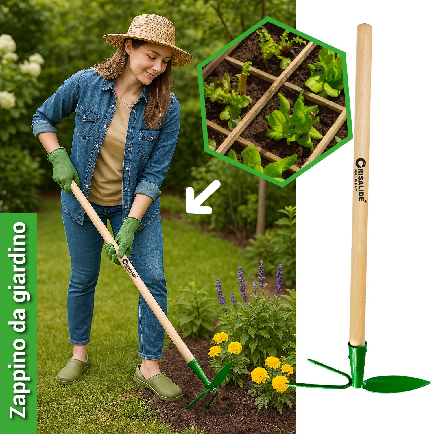 Crisalide® Azada de jardín con mango de madera 120 cm – Herramienta de jardinería para desherbar, mover y airear el suelo – Azada de doble punta ergonómica y resistente