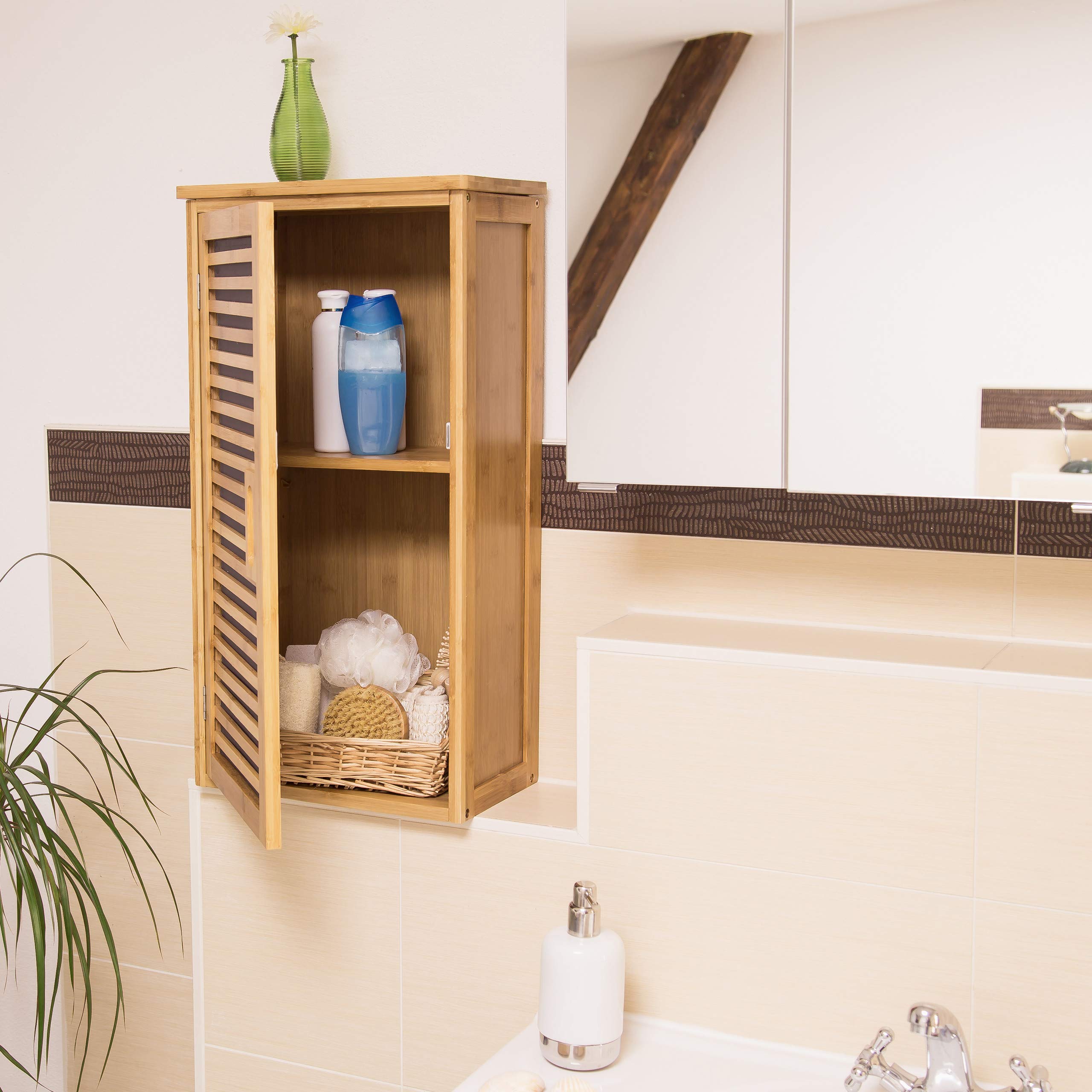 Relaxdays Armadietto da Parete per Il Bagno, Scaffale Appeso in bambù, 2 Ripiani, H x L x P: 66 x 35 x 20 cm, Naturale, Bambú, MDF, Marrone, 20x35x66 cm