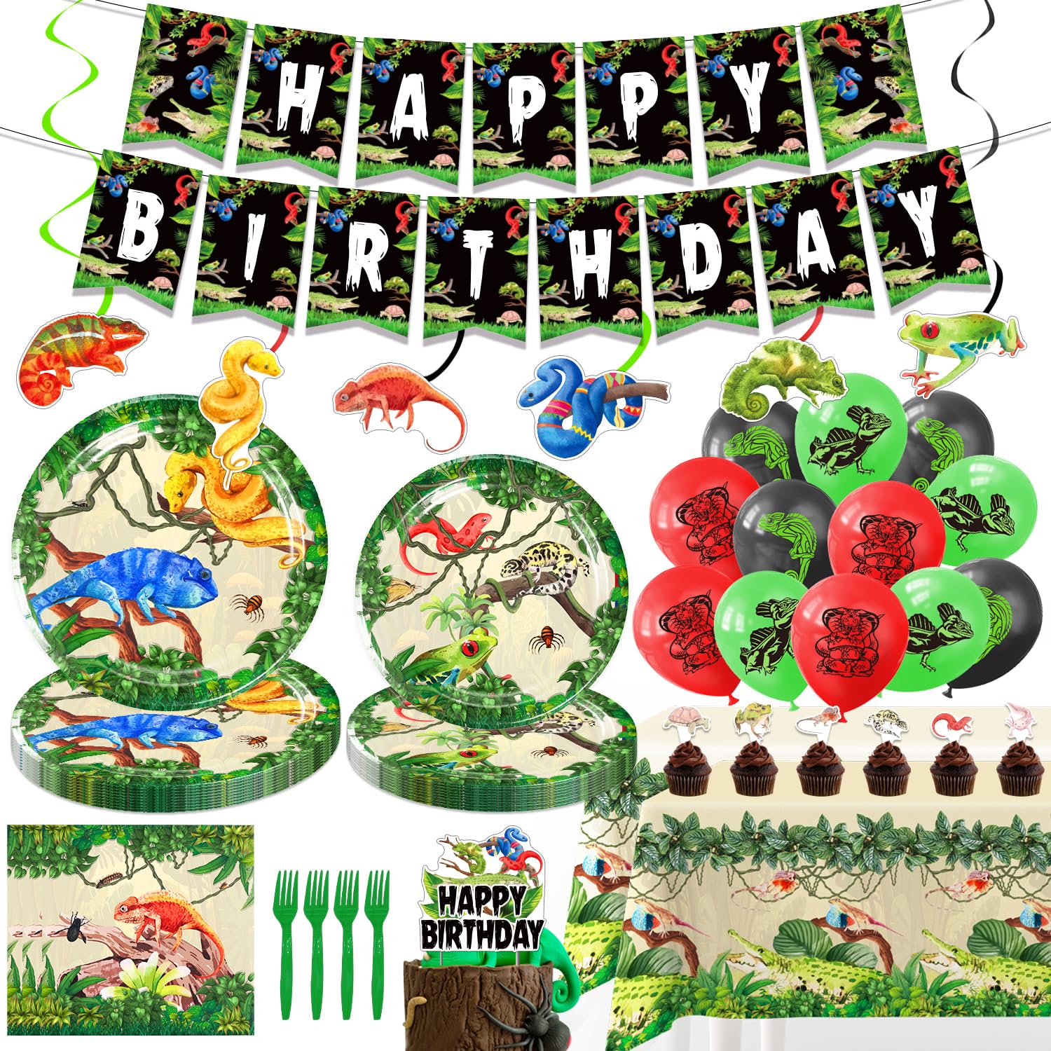 Diosnase Reptile Birthday Party Decorations - 120PCS Snake Party Decorations for 20 Guests with Banner, Balloons, Hanging Swirls, Plates, Napkins,