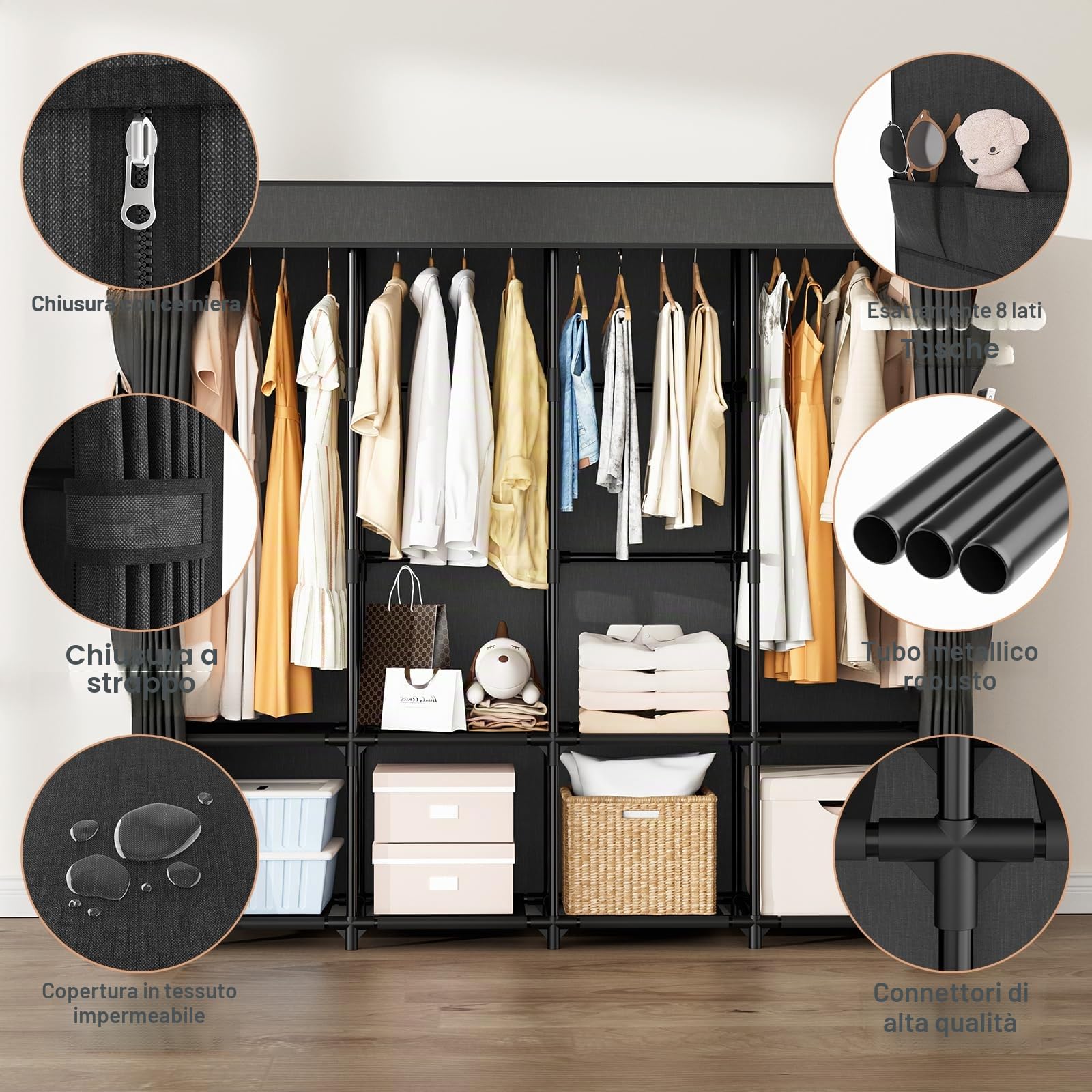 Vicye Armadio in Tessuto, Armadio Camera da Letto da 4 Barra Appendiabiti, 4 Ripiani e 8 Tasche Laterali, Guardaroba Grande con Copertura, Armadio Pieghevole per Spogliatoio 164 x 41,5 x 160 cm Nero