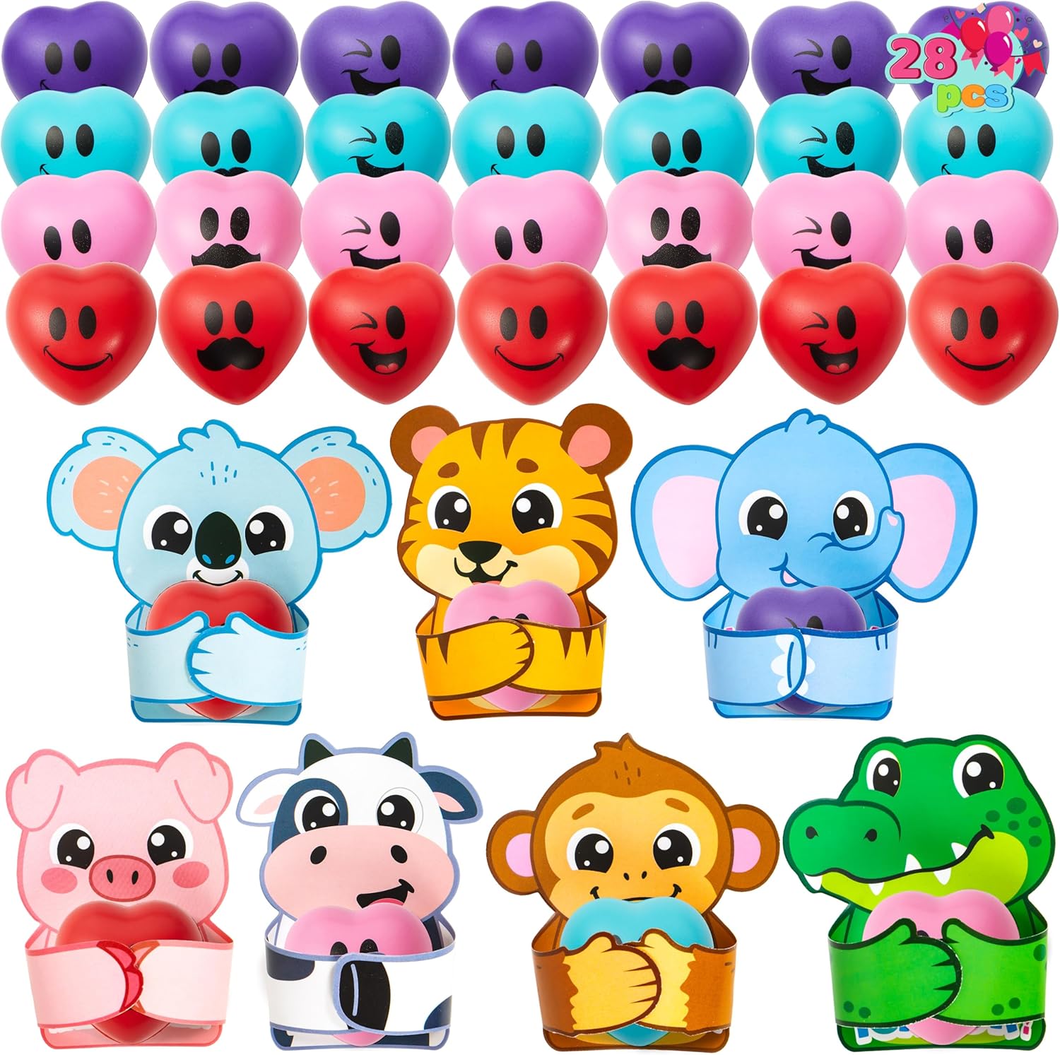 JOYIN 28 PCS Valentine Animal Cards with Heart Stress Ball, Heart Shape Squishy Toy Stress Relief Fidget Toy with Valentine’s Day Greeting Cards for Kids, Classroom Exchange Gifts Party Favors