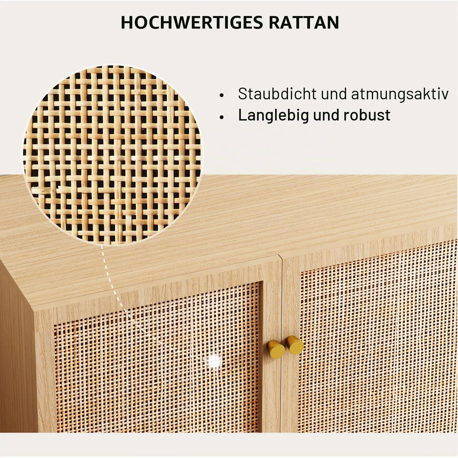Rattan-Schrank mit 3 Türen, Holz Sideboard mit Metallgriffen