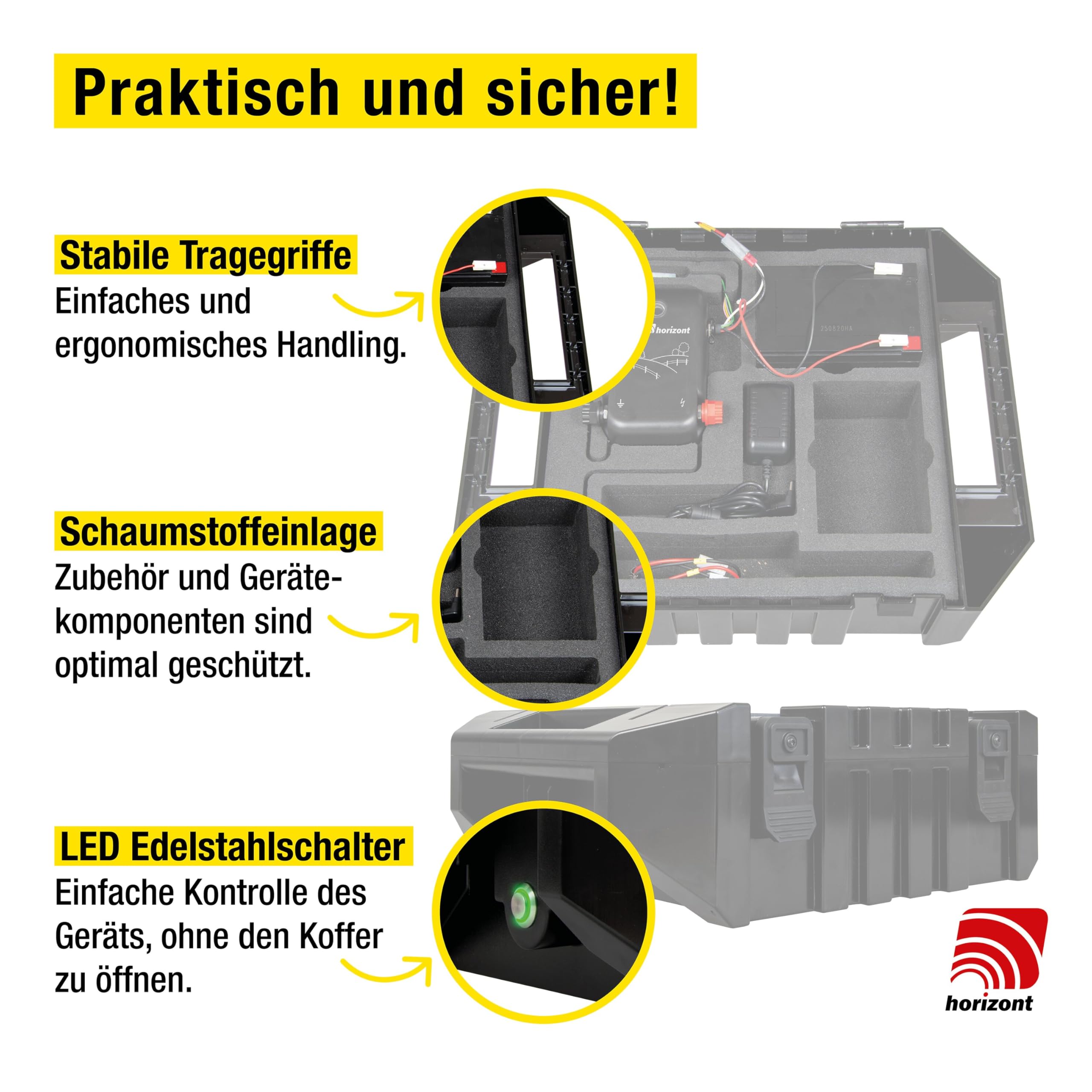 horizont Solar Weidezaungerät 12 V ranger ® AS1800SC - mit integriertem 15 W Solarpanel und 12 Ah Akku - für Zaunlängen bis zu 14 km oder 8 Elektronetze á 50 m, 11.800 V maximale Spannung