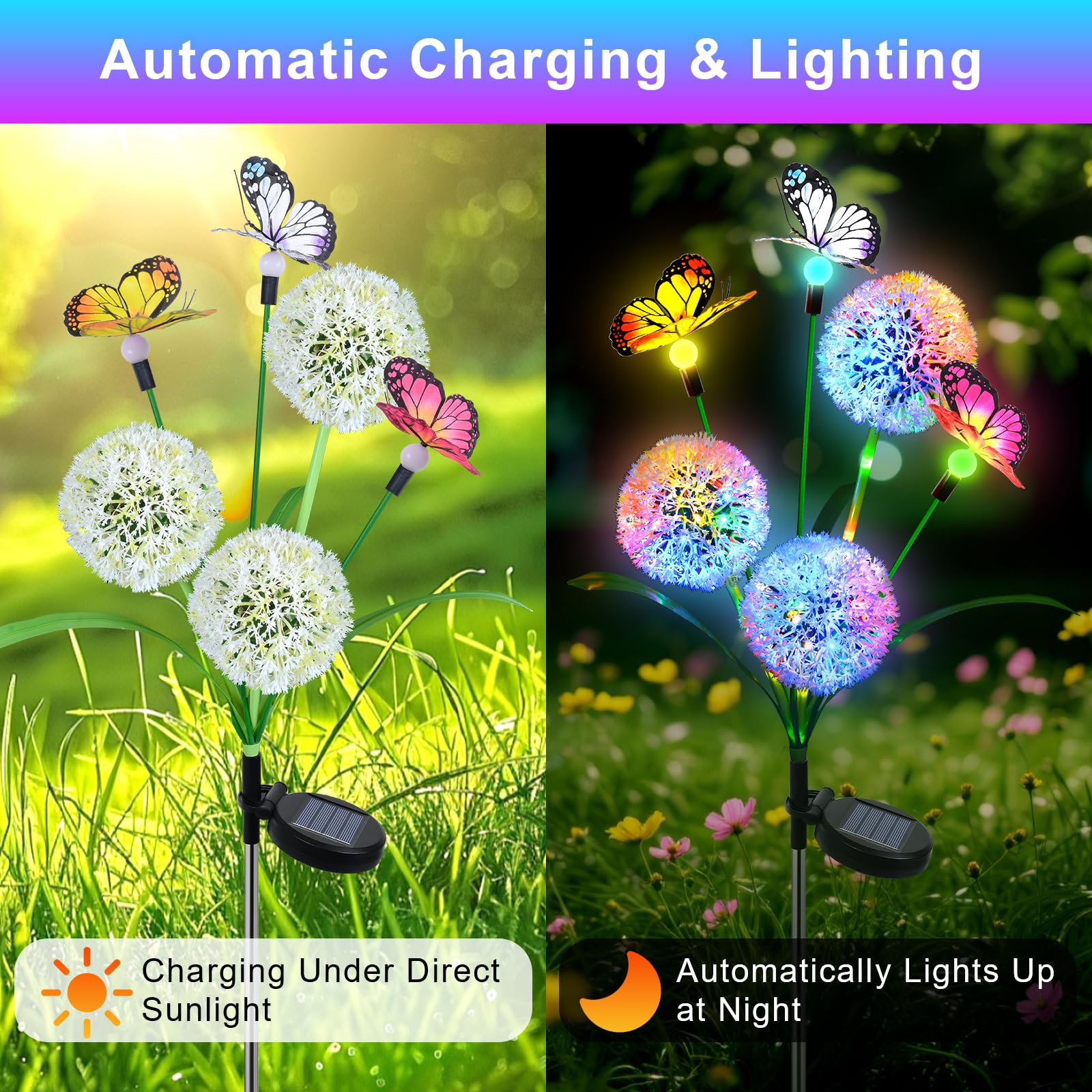 Solar Lights Outdoor Garden, 2 Pack Dandelion with Butterfly Lights, Waterproof Solar Powered Garden Pathway Light Outdoor - Image 3