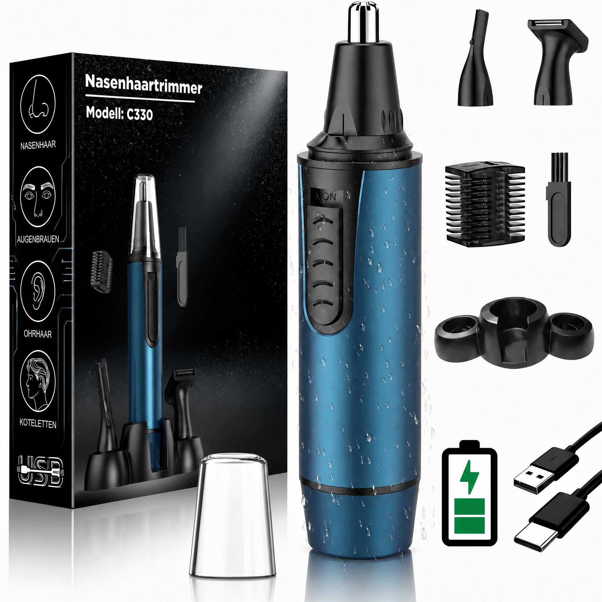 Nasenhaartrimmer Herren, USB Wiederaufladbar Nasenhaarschneider 3 in 1 Set Ohrhaarschneider mit Doppelschneideklingen, Schmerzfreier Augenbrauen und esichtshaartrimmer für Männer und Frauen