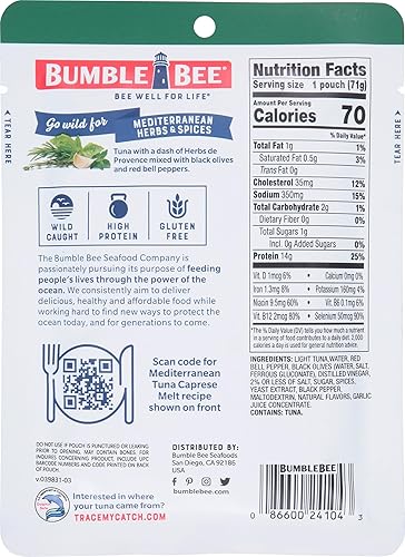 Miniatura 2 de Bumble Bee Atún mediterráneo de hierbas y especias, bolsa de 2.5 onzas, listo para comer, capturado en la naturaleza, 0.56 oz de proteína por