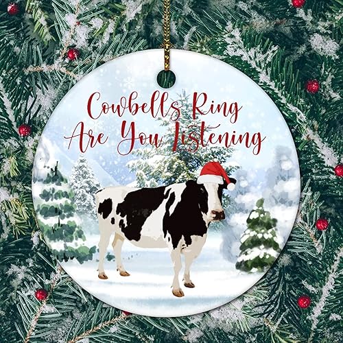 Miniatura 4 de Adorno redondo de cerámica de 3 pulgadas con diseño de campanillas de recuerdo de animales y vacas, colgante de árbol de nieve para adornos de árbol