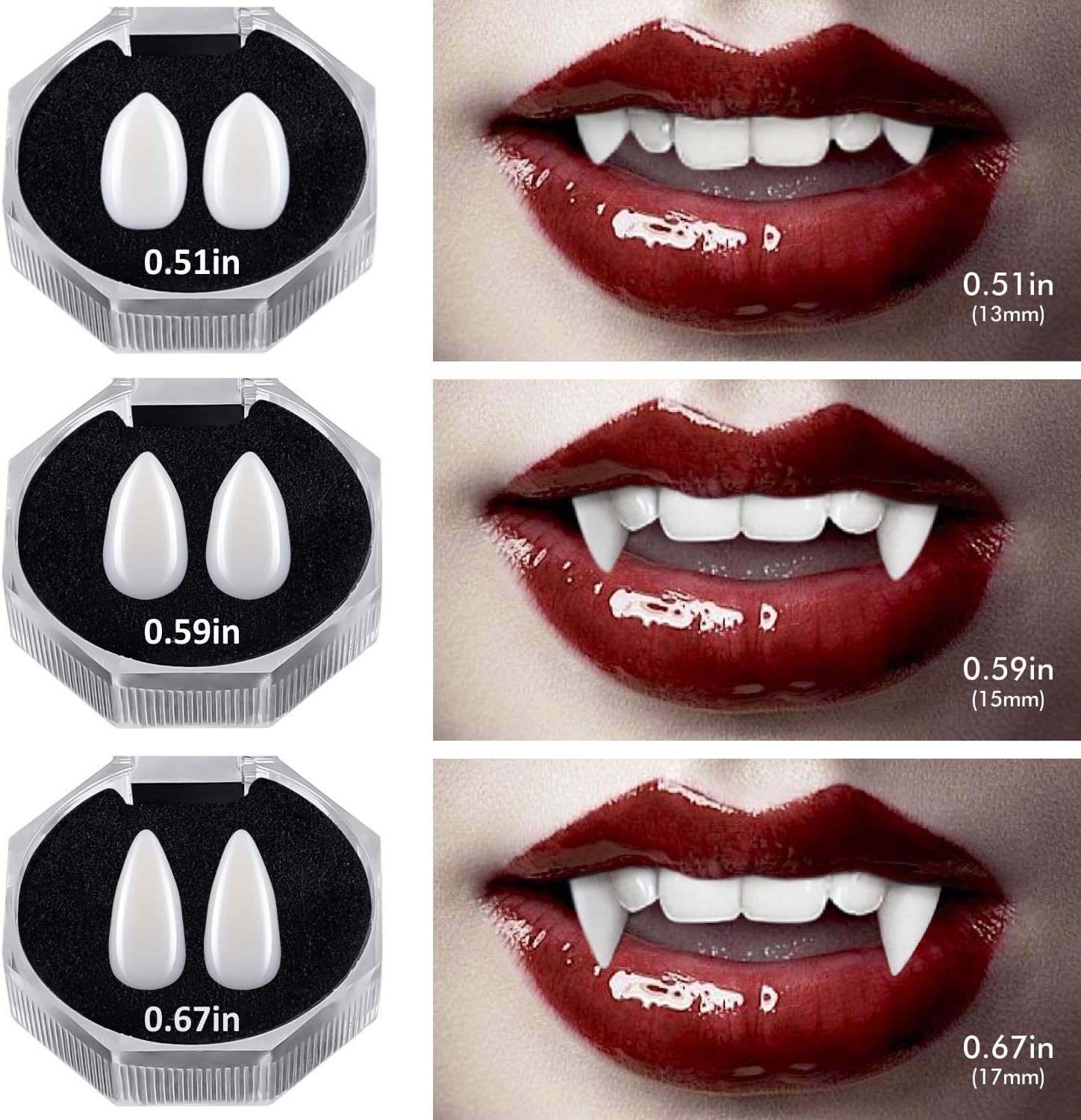 Jeicy Vampire Fangs Teeth, Vampire Blood and Vampire Teeth Glue Set for Halloween Cosplay Party Favors 3 Pairs (13mm,15mm,17mm)