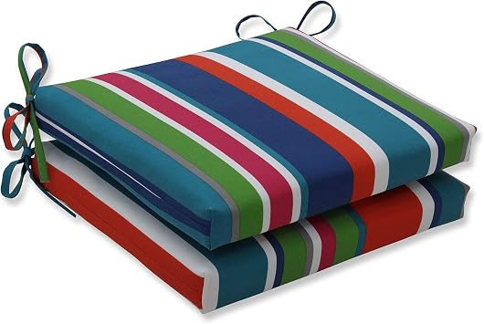 Pillow Perfect Stripe Indoor/Outdoor Square Corner Chair Seat Cushion with Ties, Plush Fiber Fill, Weather, and Fade Resistant, 16" x 18.5", Blue/Green St. Lucia, 2 Count