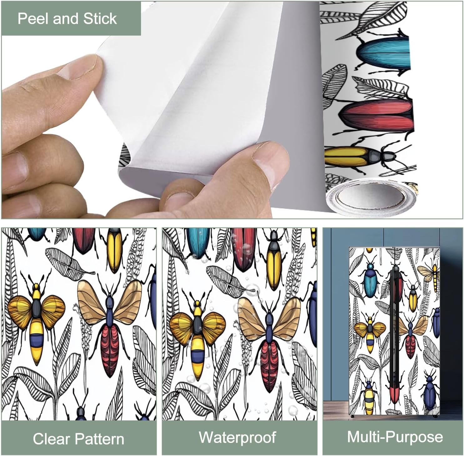 Self Adhesive Vinyl Refrigerator Wrap Seamless Pattern Bright Insects Geometric Door Mural Sticker Peel and Stick Removable Door Cover Fridge Wrap Decal for Kitchen Decor