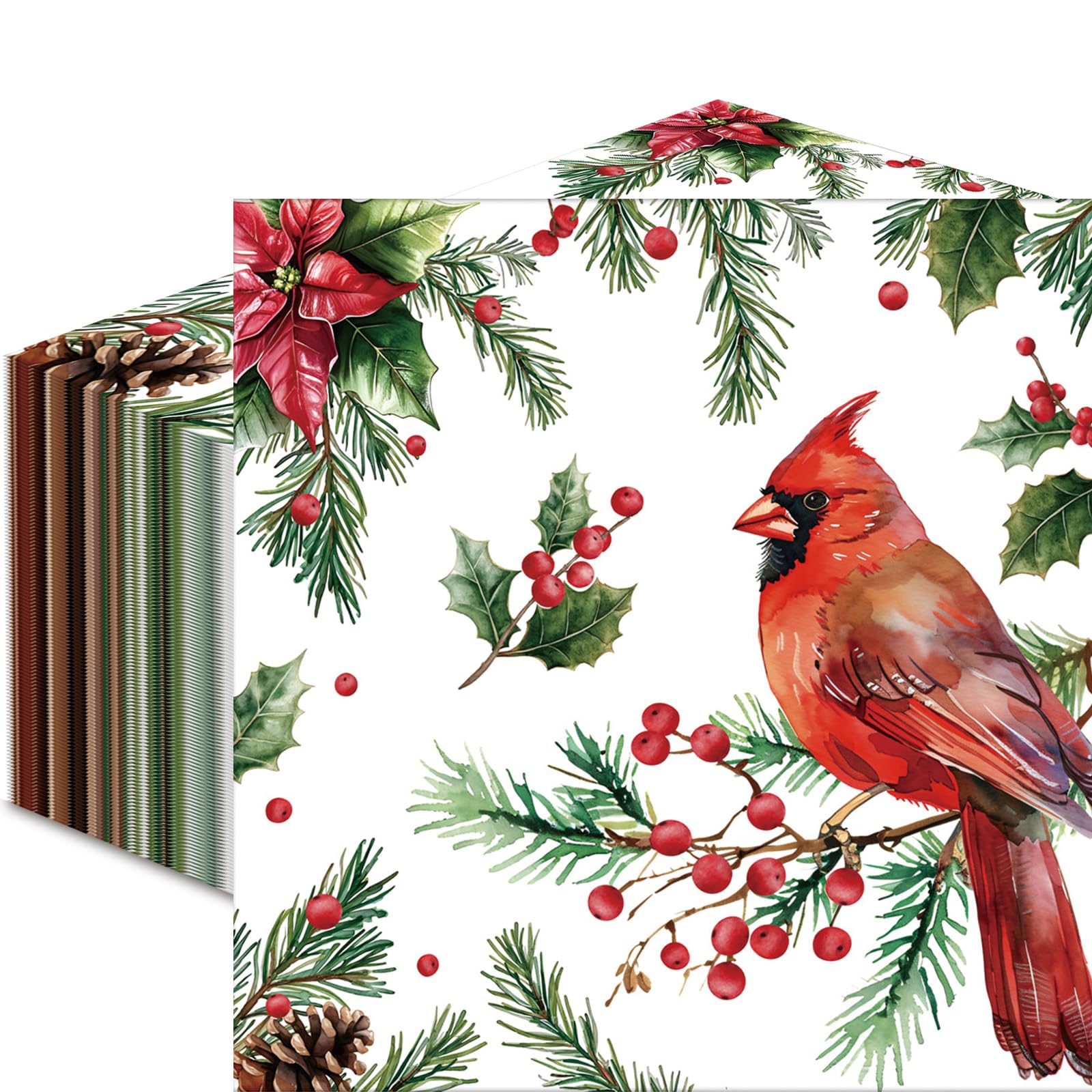 50 Count Christmas Paper Napkins, Disposable Holiday Cocktail Napkins with Cardinal, Holly, and Pine Design for Winter Parties, Xmas Dinner, Rustic