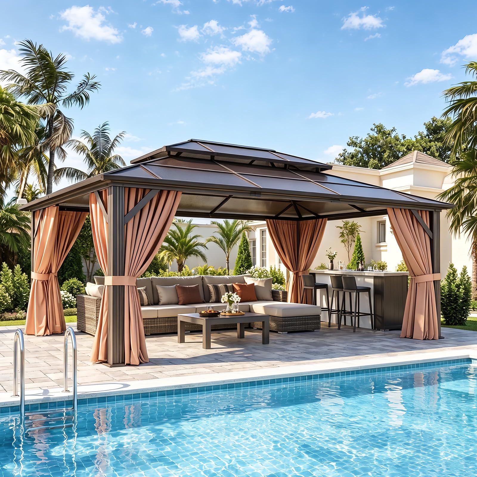 YITAHOME 11X13 Wood Gazebo Hardtop with Nettings and Curtains