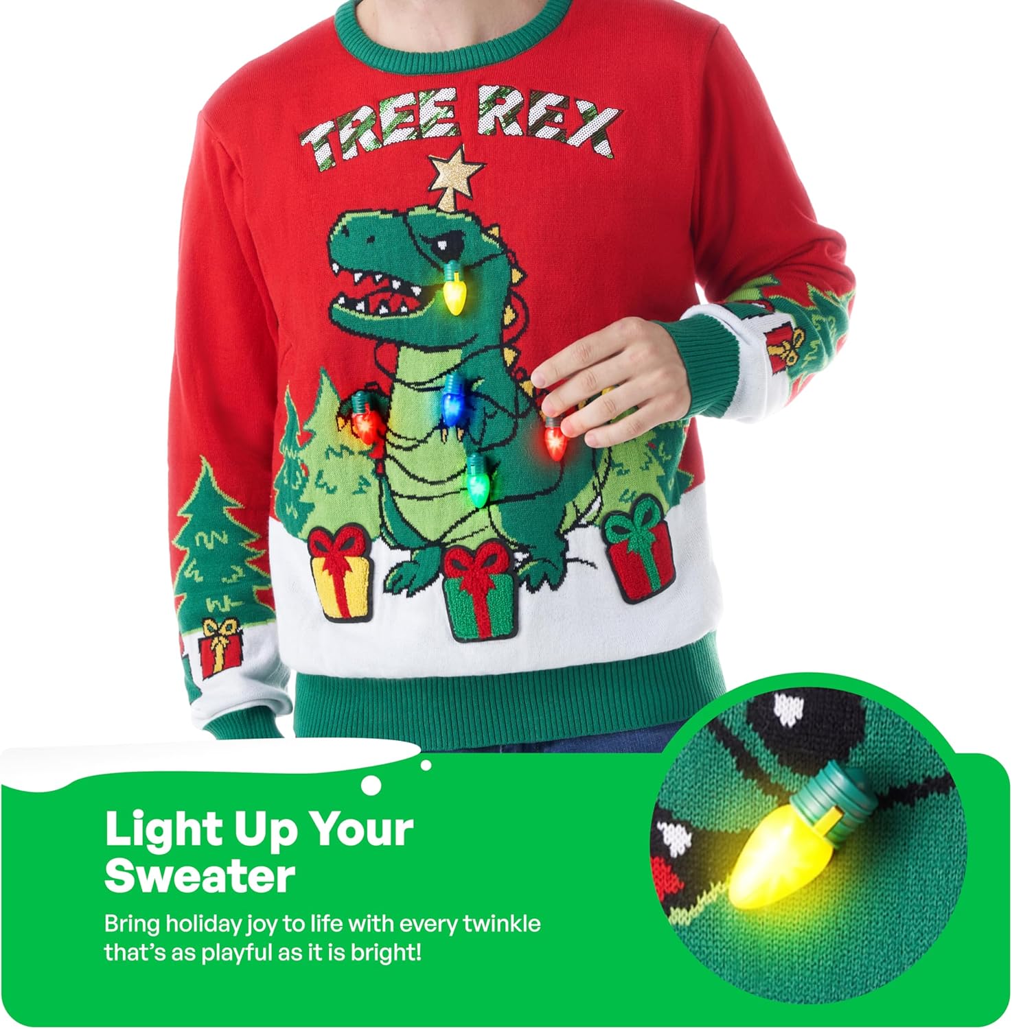 Giggling Getup Ugly Christmas Sweater with Light, LED Ugly Christmas Sweater for Women Men Kids 2025 Dinosaur(Red) - Image 3