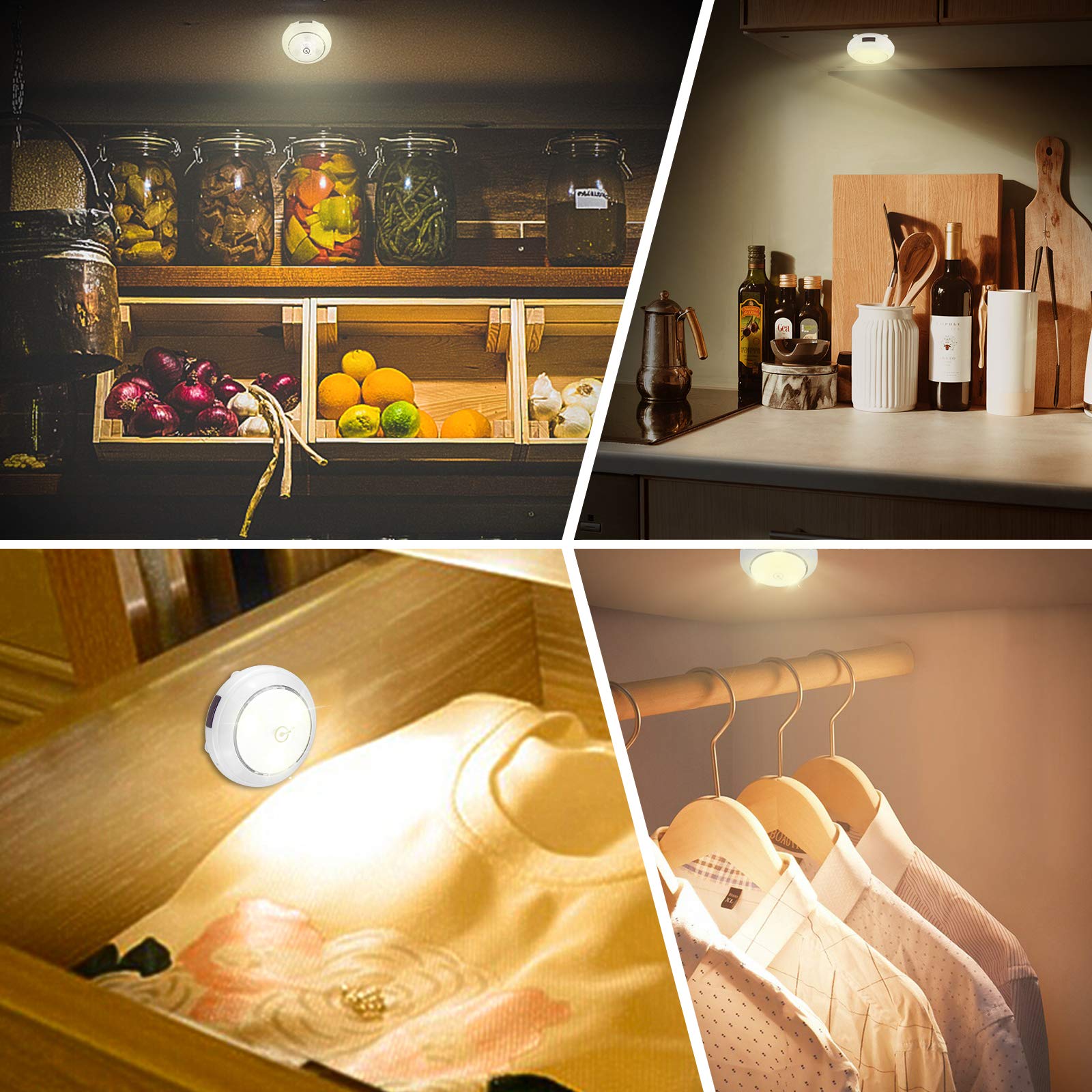 BIGMONAT LED Puck Light 3-Pack – Battery Operated Stick-On Touch Lights, 60 Lumens, Warm White, For Closets & Cabinets