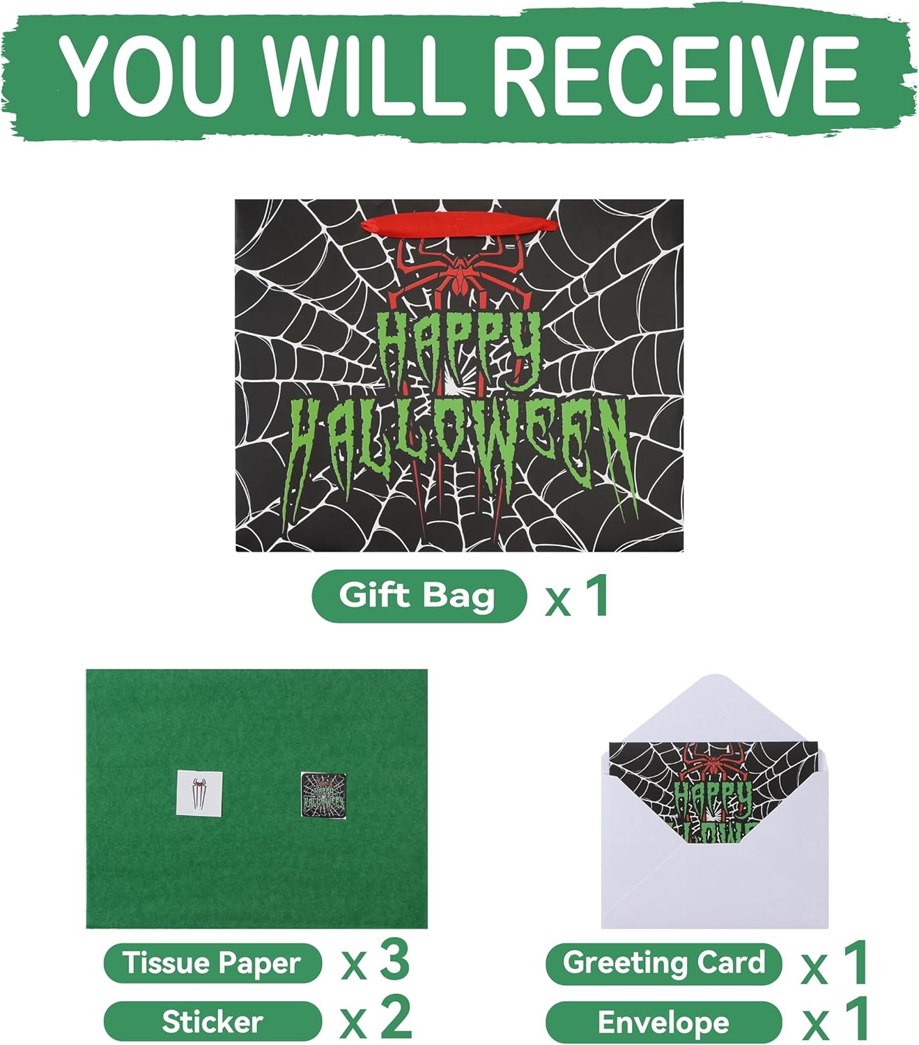 13'' Large Halloween Black Gift Bag Set with Handles, Greeting Card, Green Tissue Papers and Stickers for Halloween Party Favors, Spider Design, 1 Pcs - Image 3