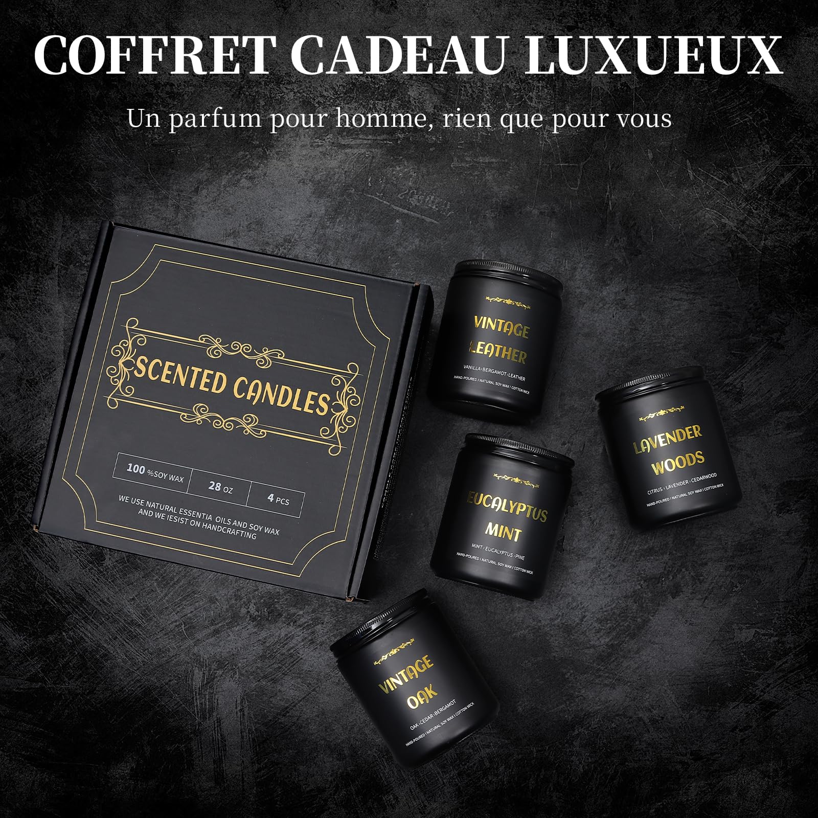 Bougies Parfumées pour Hommes Lot de 4, Bougies de Soja 790 ml, 200 Heures de Combustion, Lavande/Eucalyptus/Cuir/Chêne
