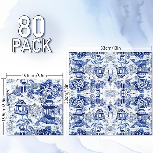 Miniatura 2 de AnyDesign - 80 servilletas de papel toscanas de 6.5 pulgadas, servilletas de papel desechables de color azul y blanco, servilletas de cena