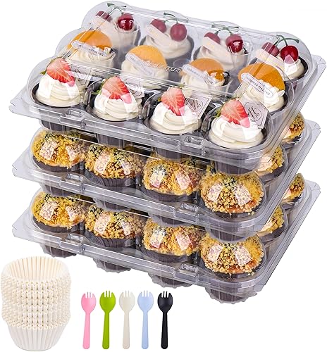 Miniatura 1 de AUKUS (12 paquetes de 12 juegos de recipientes para cupcakes, soportes para cupcakes, cúpula profunda, desechables transparentes con 150 forros para