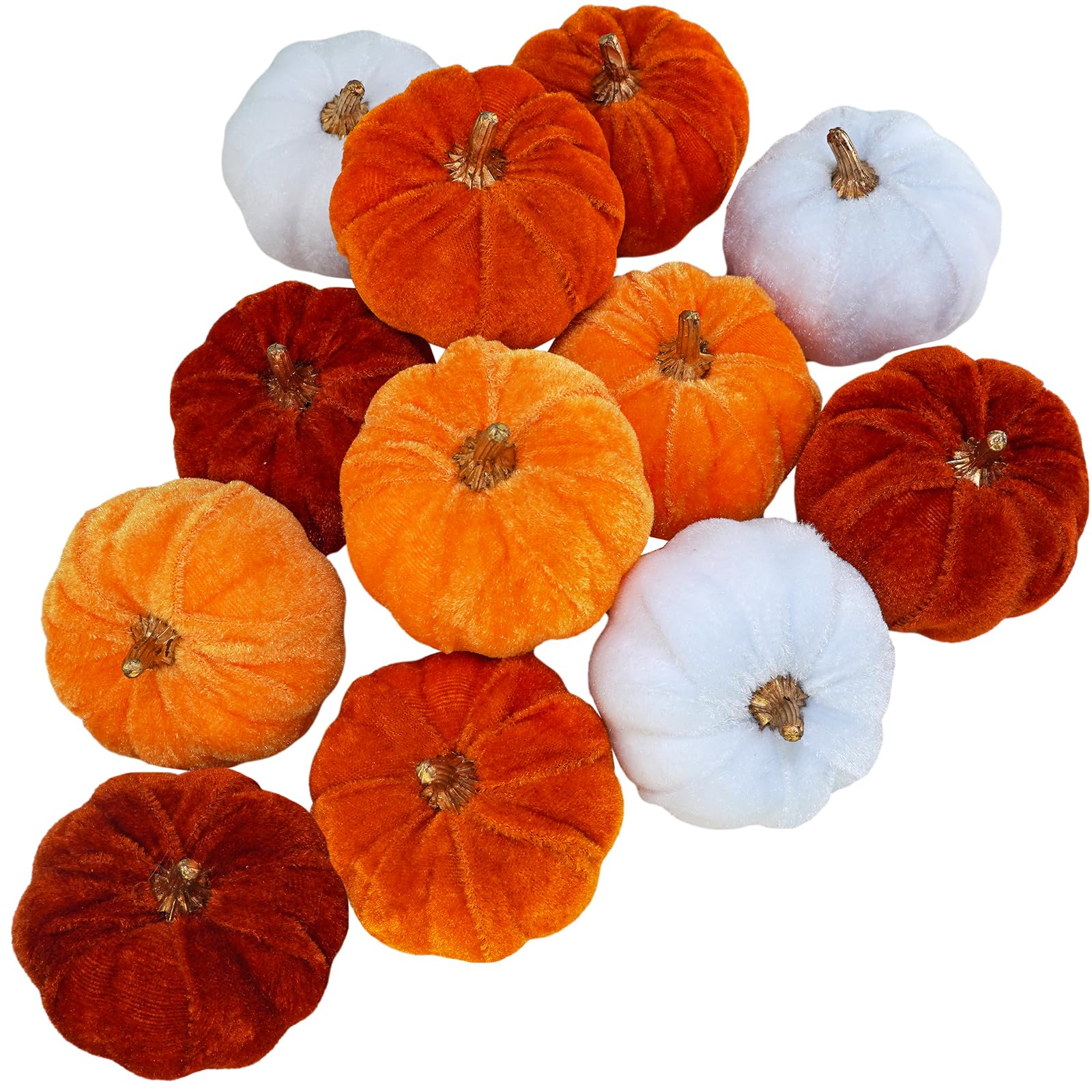 Winlyn 12 Pcs Assorted Small Harvest Faux Velvet Pumpkins Decorative Fabric Foam Pumpkins in Rust Orange White for Fall Wedding Halloween Thanksgiving Table Centerpiece Mantel Farmhouse Décor