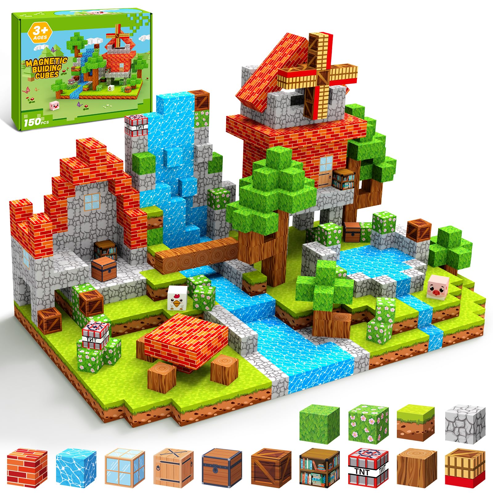 Costruzioni Magnetiche per Bambini 150 Pezzi 2CM, Cubi Magnetici per Bambini con Fattoria e Mulino a Vento, Giocattoli Montessori dai 3 ai 9 Anni Regali per Ragazzi e Ragazze