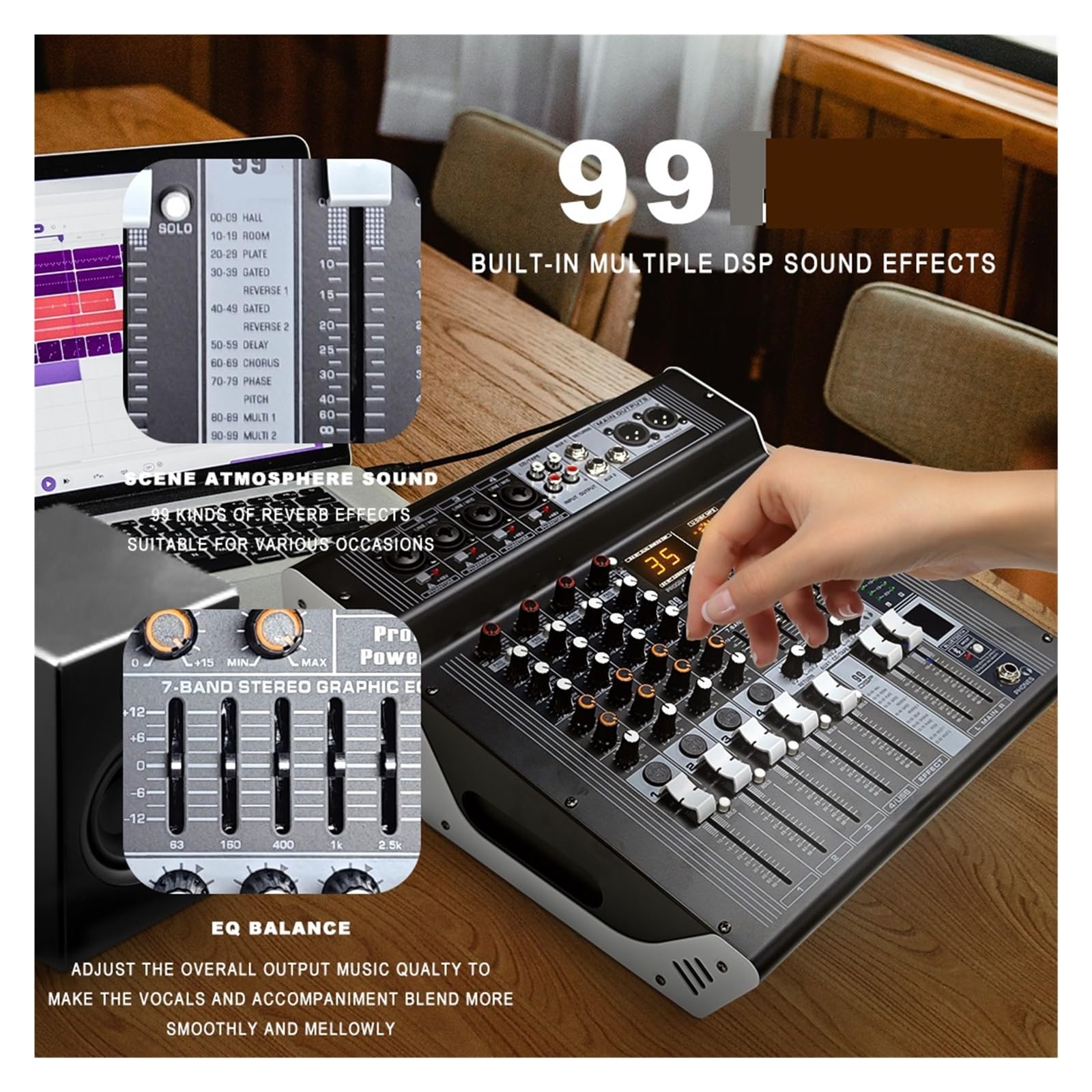 Mixer Audio DJ 4 Canali Con USB, Bluetooth, 99 Effetti For La Registrazione Di Feste Karaoke E La Trasmissione Su Internet