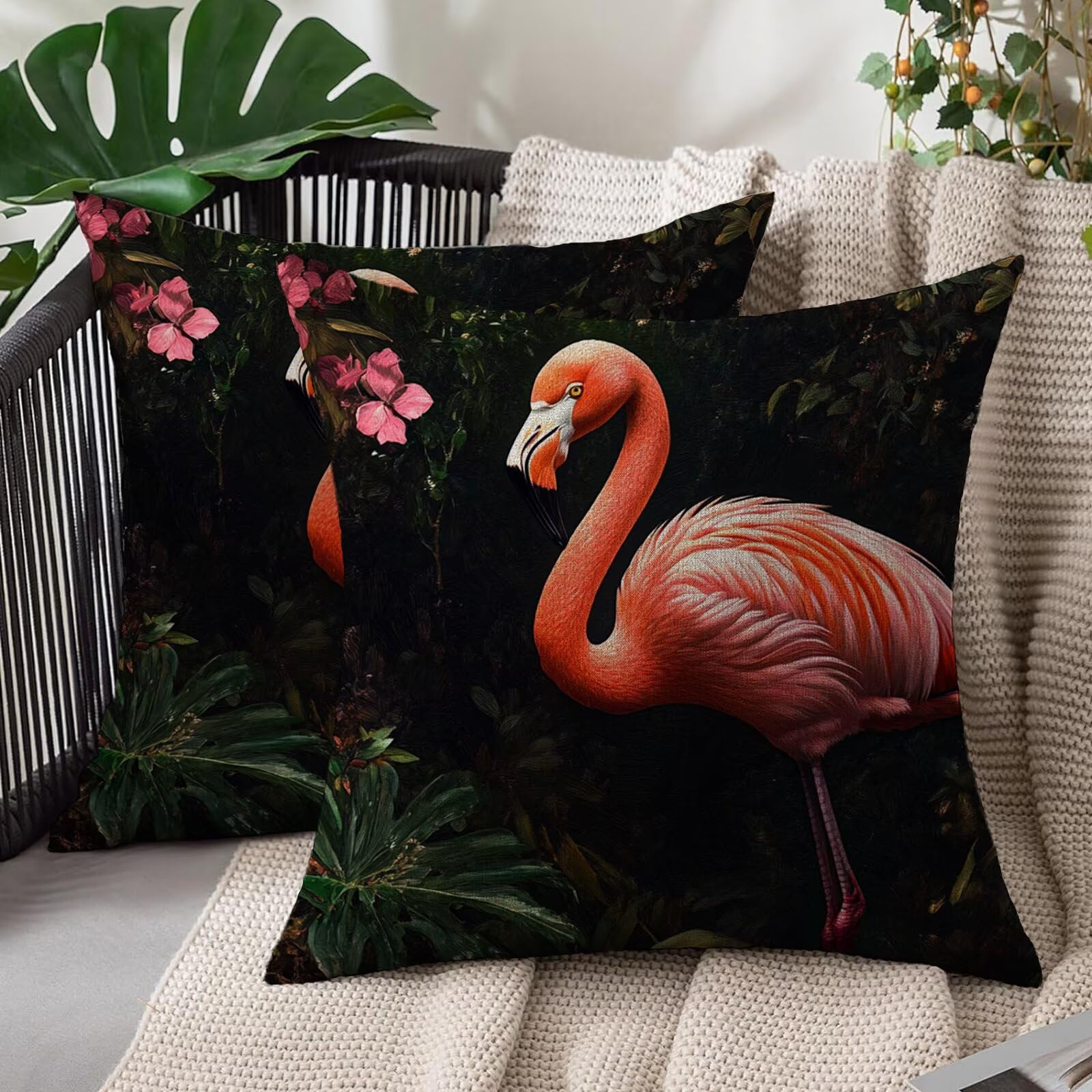 Housse coussin 50 x 50 flamants roses en lin supérieur résistant à l'eau