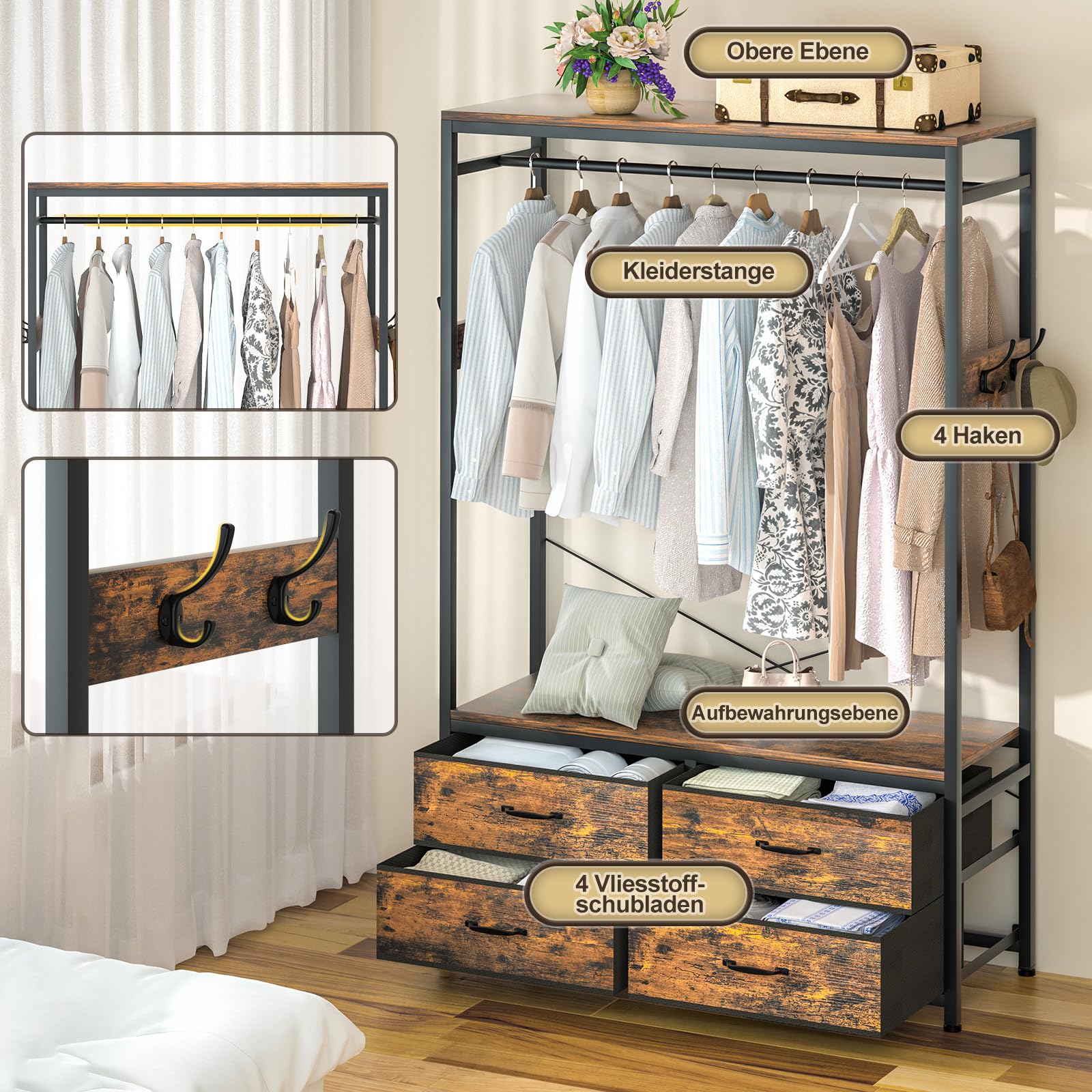 Yorbay Perchero de pie para colgar ropa, resistente con 4 cajones, 4 ganchos y estantes, almacenamiento para dormitorio y sala de estar