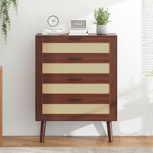 Miniatura 3 de SogesHome Armario de almacenamiento de ratán de 4 niveles para el hogar, armario de cocina con puerta, aparador natural con 4 cajones, armarios de