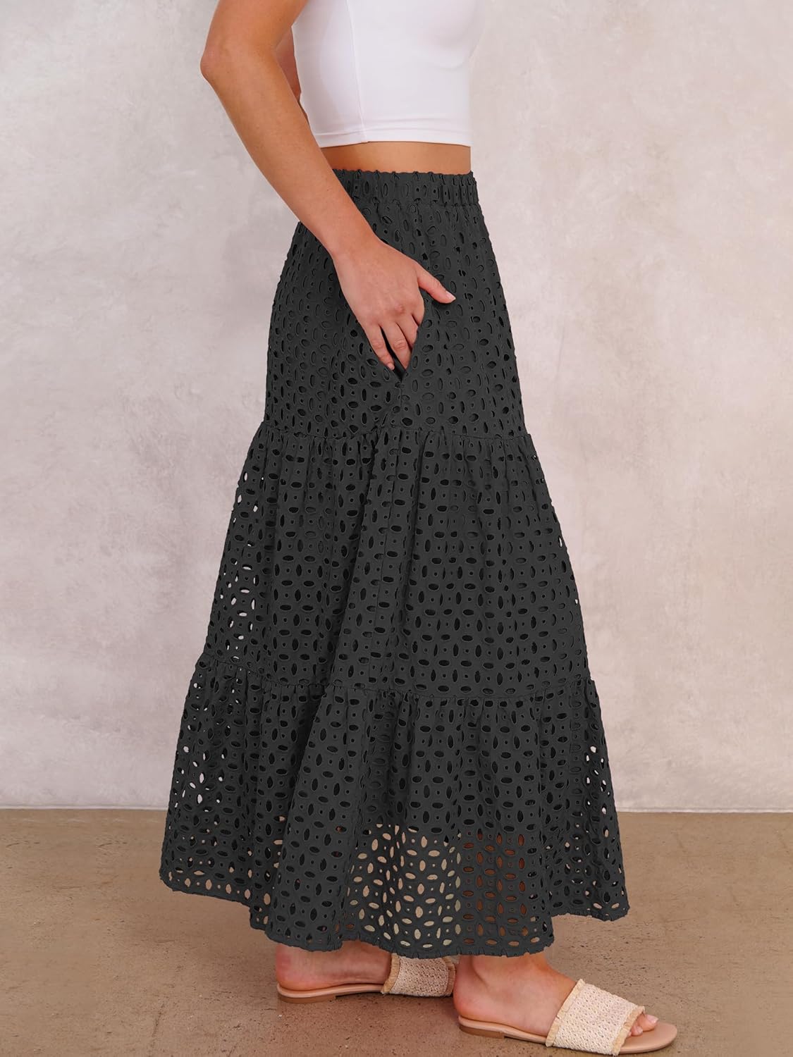 ANRABESS Maxi Skirts for Women Boho Tiered Eyelet Elastic High Waist A-Line Summer Casual Flowy Beach Vacation Long Skirt - Image 3