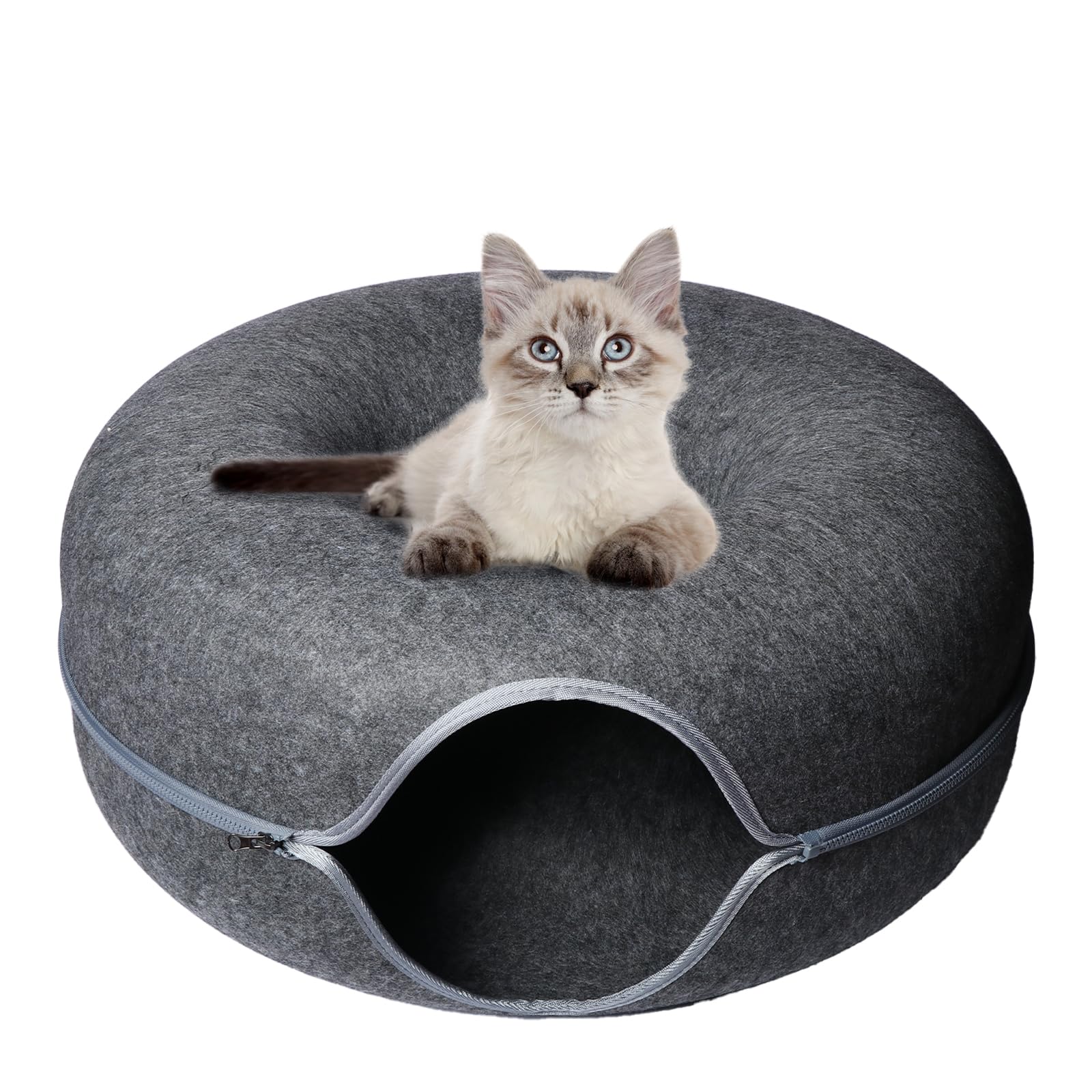 Large Cat Toys Beds 24" for Indoor Cats, Round Cat Tunnel Donut Bed Cave for Large Cats Up to 30 Lbs (Dark Gray, 24x24x11)