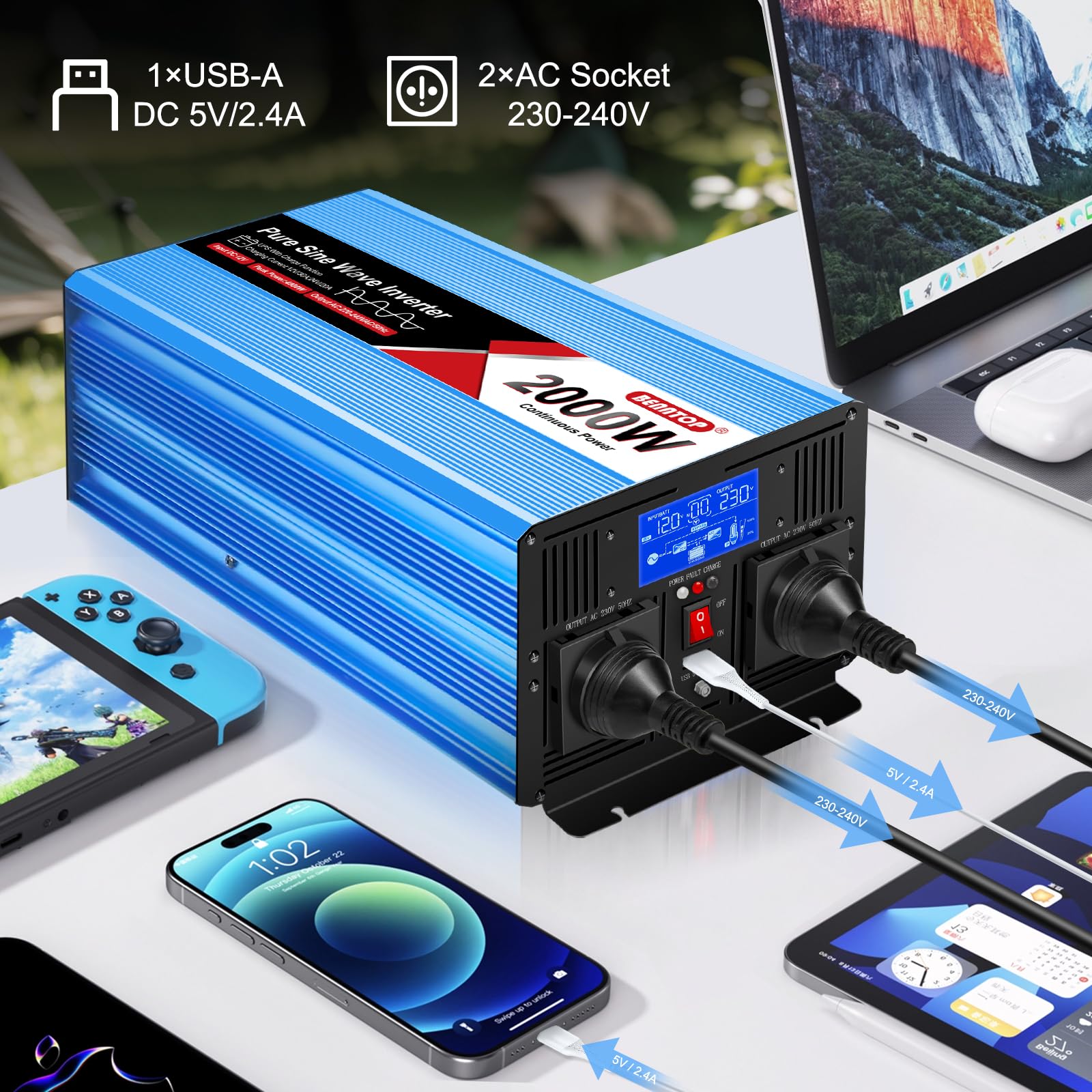 Inversor 12v 220v Onda Pura 2000w/4000w con 1 USB,Pantalla LCD, | Convertidor de Voltaje Inversor de Tensión para Coches, Caravanas, Barcos y Acampada