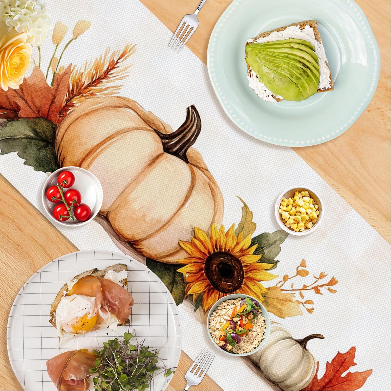 ANNA QUEEN Fall Pumpkin and Sunflower Table Runner and Placemats Set of 4, 13"x72" Table Runner with 12"x18" Placemats, Autumn Dining Table Decor for 4 People, Kitchen and Home Decor