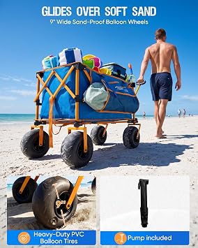 Old Bahama Bay Beach Wagon with Balloon Wheels, Foldable Sand Cart | 9 Balloon Wheels for Soft Sand, Large Capacity Wagon, Umbrella Storage, 330 lb Steel Frame, Quick Fold Design