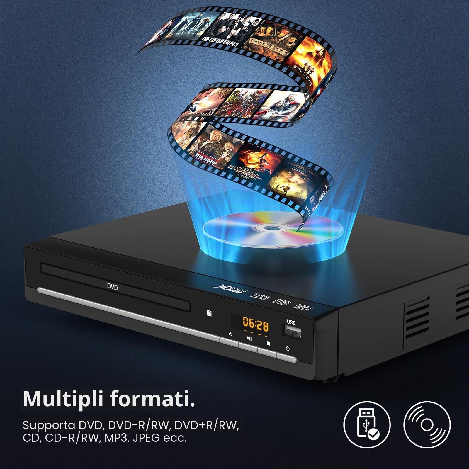 Lettori DVD per TV con HDMI, riproduce tutte le regioni e i formati, lettore CD per la casa, supporta video 1080P / CD / DVD / VCD / JPEG / USB, telecomando, cavi HDMI e RCA inclusi
