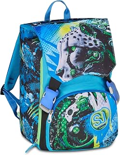 SJ GANG STYLE JAM GANG Erweiterbarer Schulranzen, flexible Größe, mit Trinkflaschenfach, für Grundschule ab 1. Klasse, 6-10 Jahre, Geschenk Jungen und Mädchen, blau/grün